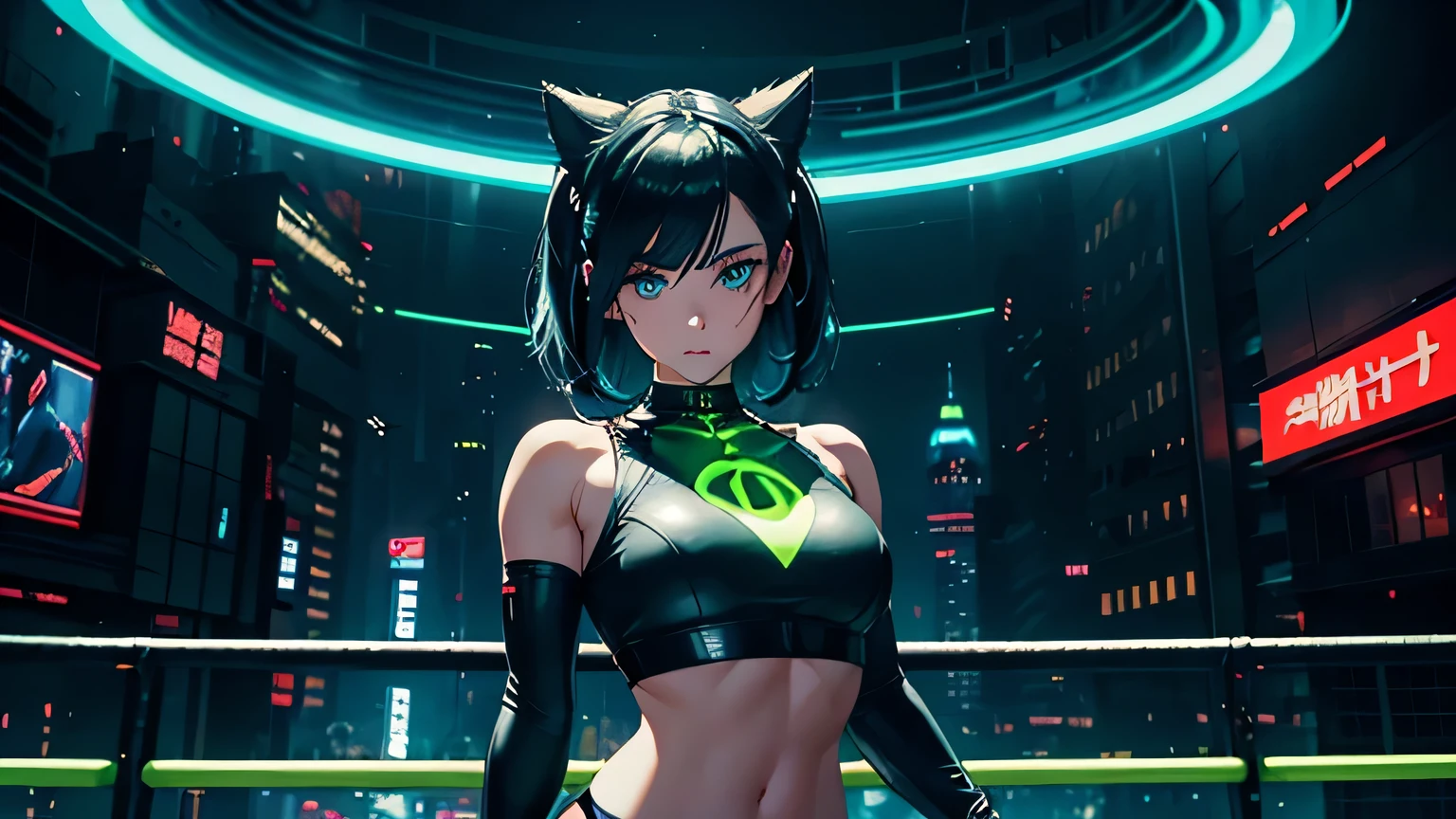 4K, A high resolution, Best quality at best, masterpiece, perfect colors, perfect shadow, perfect litthing, ((sportrait)), 1woman, fit-muscled body, bright yellow eyes，dark blue hair , blue eyes, With round lenses, The audience watched carefully, (s face: 1.2), Perfect female figure, ((standing)), ((neon green Tight crop top leather suit)), ((shy and looking at viewert)), (Perfect thick white eyebrows) Delicate fur, 详细s face, s the perfect face, At a fantasy cyberpunk city , (model pose standing), energetic background, perfect city skyscape, lighting atmosphere, ((Bonifasko lighting)), (The round lenses on his eyes)(detailed eyes), Perfect student, face close up