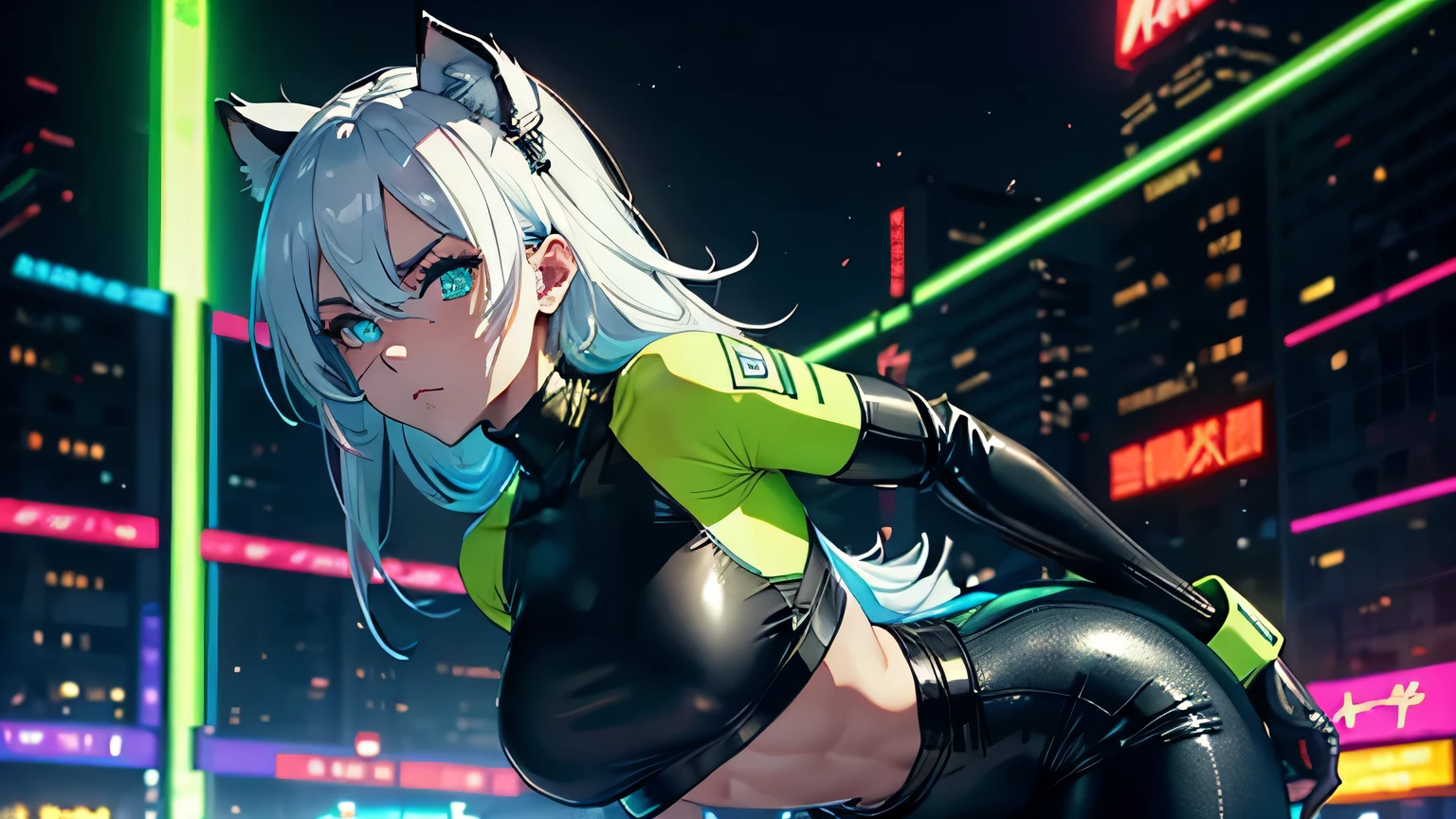 4K, A high resolution, Best quality at best, masterpiece, perfect colors, perfect shadow, perfect litthing, ((sportrait)), 1woman, fit-muscled body, bright yellow eyes,dark blue hair , blue eyes, With round lenses, The audience watched carefully, (s face: 1.2), Perfect female figure, ((standing)), ((neon green Tight crop top leather suit)), ((shy and looking at viewert)), (Perfect thick white eyebrows) Delicate fur, 详细s face, s the perfect face, At a fantasy cyberpunk city , (model pose standing), energetic background, perfect city skyscape, lighting atmosphere, ((Bonifasko lighting)), (The round lenses on his eyes)(detailed eyes), Perfect student, face close up