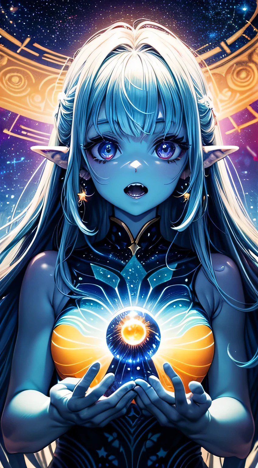 (A strange creature),Vibrant colors,Ethereal atmosphere,Alien landscape,Mysterious light and shadow,Unique texture,Organic pattern,Detailed eyes and skin,Intricate details,otherworldly beauty,otherworldly presence,Unconventional anatomy,Extraterrestrial life,Untapped territory,cosmic energy,fluid movement,Curious perspective,Fantasy species,mystical aura,Interstellar encounters,Unexplained,Evolutionary miracles,Cosmic harmony,transcendent being,Unfathomable wisdom,Diverse genetic makeup,Future evolution,An unprecedented discovery,Magnificent cosmic design,Amazing complexity,Unlimited imagination,Uncover the secrets of the universe,Celestial wonders,A mesmerizing spectacle, ((eating the Solar System)), star eater, (((devoring solar sistem))), celestial girl, Unthinkable, ((celestial woman)), (Cosmic goddess), (((Biting a star))), ((open mouth))