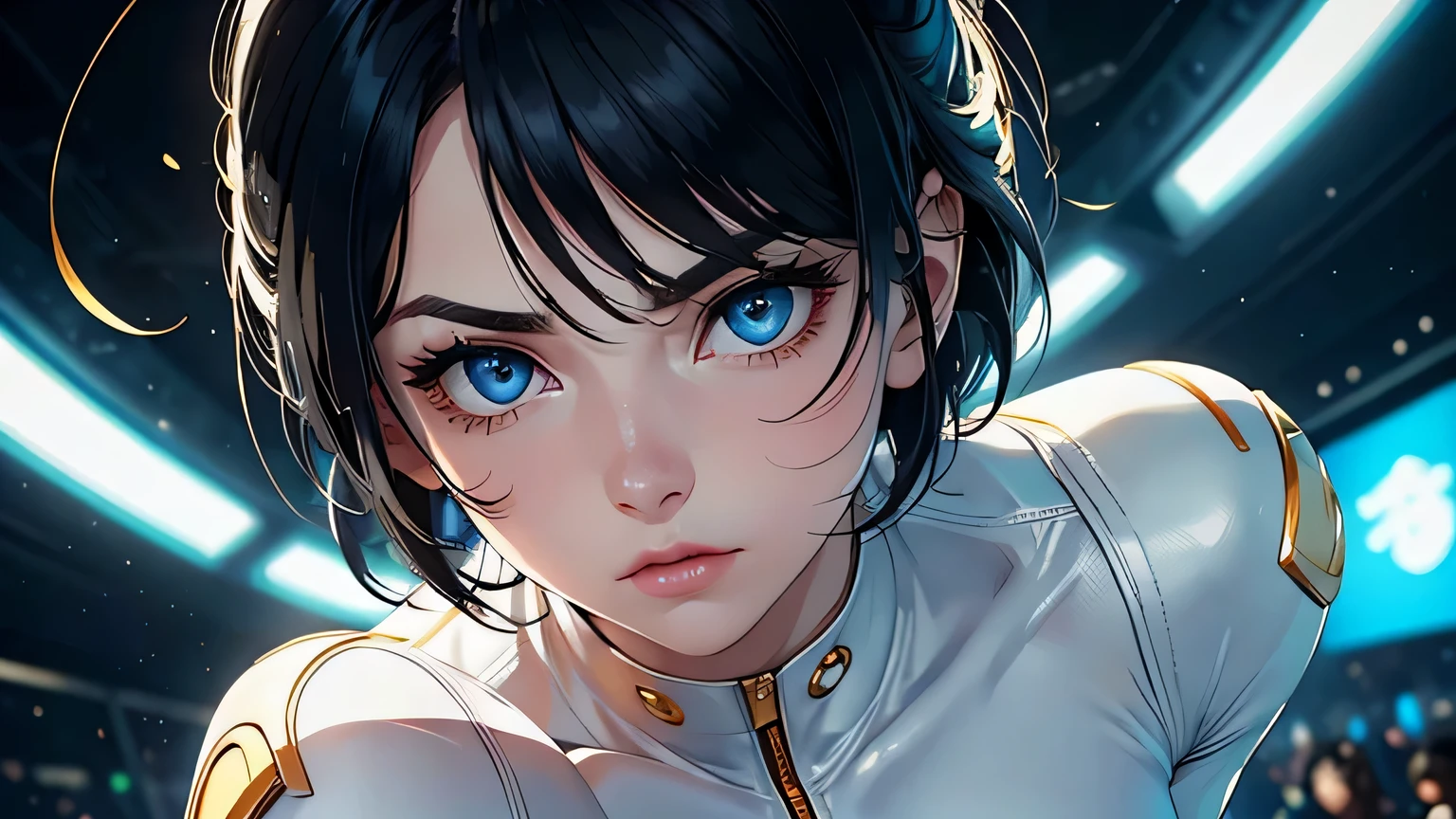 4K, A high resolution, Best quality at best, masterpiece, perfect colors, perfect shadow, perfect litthing, ((sportrait)), 1woman, fit body, heterochromia eyes,dark blue hair , blue eyes, With round lenses, The audience watched carefully, (s face: 1.2), Perfect female figure, ((dynamic pose)), ((white and gold Tight crop top white and gold leather suit)), ((shy and looking at viewert)), (Perfect thick white eyebrows) Delicate fur, 详细s face, s the perfect face, , (dynamic pose), cyberpunk abstract background, ((Bonifasko lighting)), (The round lenses on his eyes)(detailed eyes), Perfect student, ((face close up))