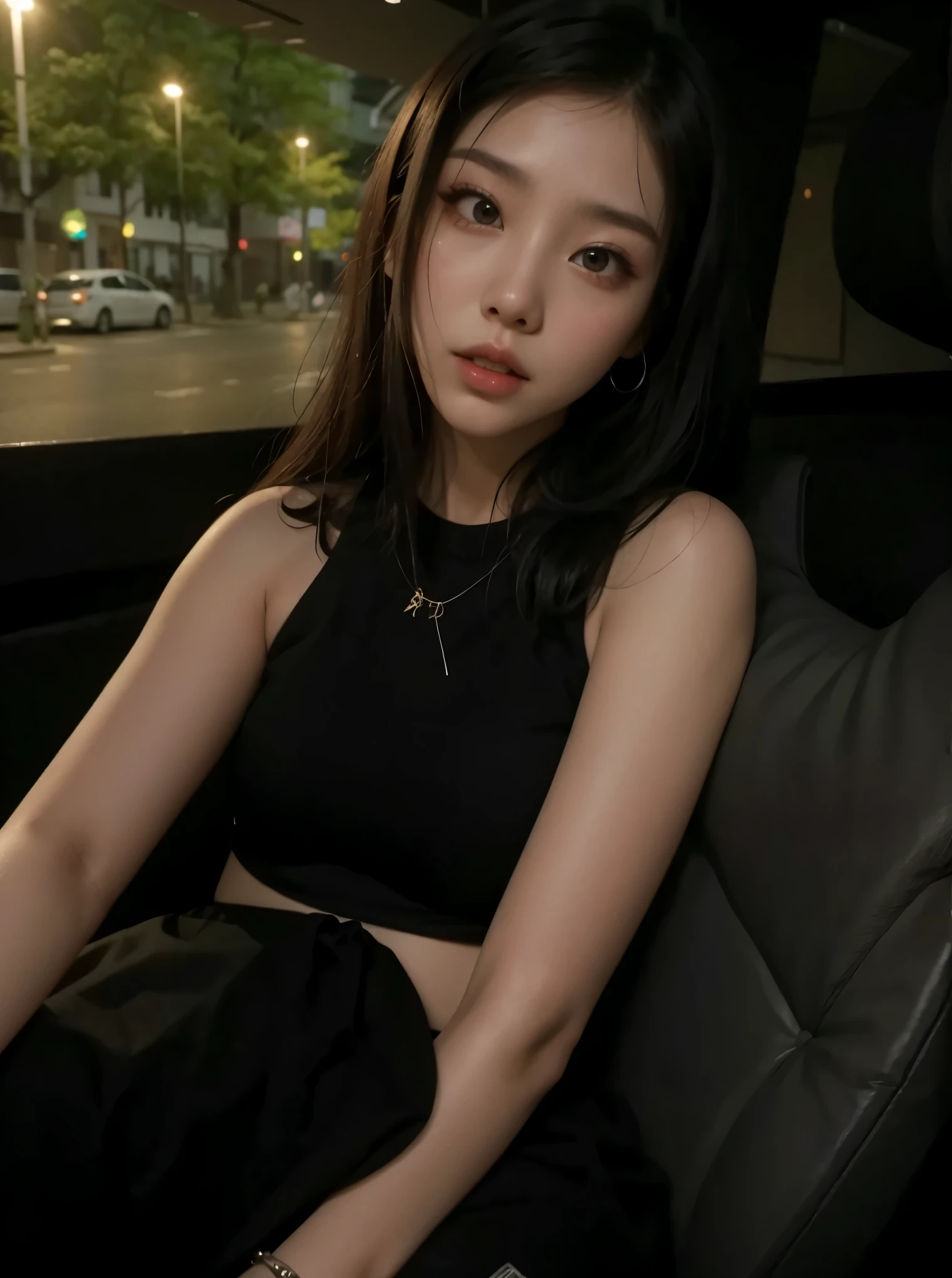 Asiatica, garota, cabelo preto, jaqueta preta, olhos puxados, coreana