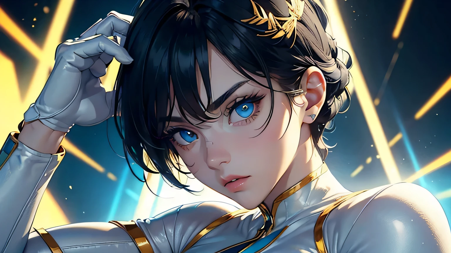 4K, A high resolution, Best quality at best, masterpiece, perfect colors, perfect shadow, perfect litthing, ((sportrait)), 1woman, fit body, heterochromia eyes，dark blue hair , blue eyes, With round lenses, The audience watched carefully, (s face: 1.2), Perfect female figure, ((dynamic pose)), ((white and gold Tight crop top white and gold leather suit)), ((shy and looking at viewert)), (Perfect thick white eyebrows) Delicate fur, 详细s face, s the perfect face,  , (dynamic pose), cyberpunk abstract background, ((Bonifasko lighting)), (The round lenses on his eyes)(detailed eyes), Perfect student, ((face close up))
