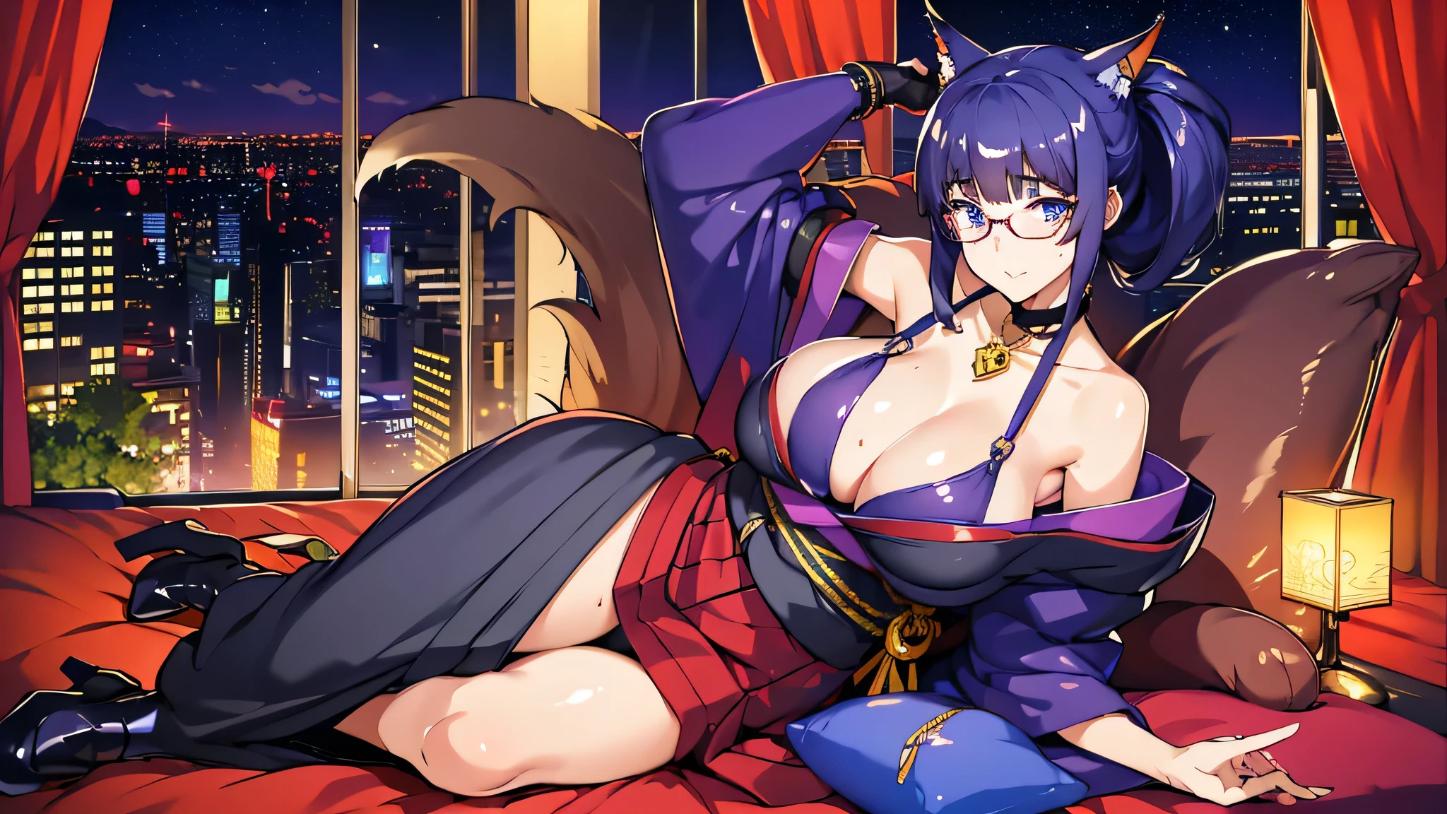 masterpiece、quality of immigration、1 girl , alone ,Taisho Modern、huge breasts、deep cleavage、 greenish black hair、ponytail、fox ears、Brightly colored eyes、blue eyes、black glasses、Dark purple kimono、red hair ornament、light purple long hakama、leather boots、flashy necklace、I can see your shoulders、sex、sexy、charm、Wet、face turns red , sitting、Night city seen from the window