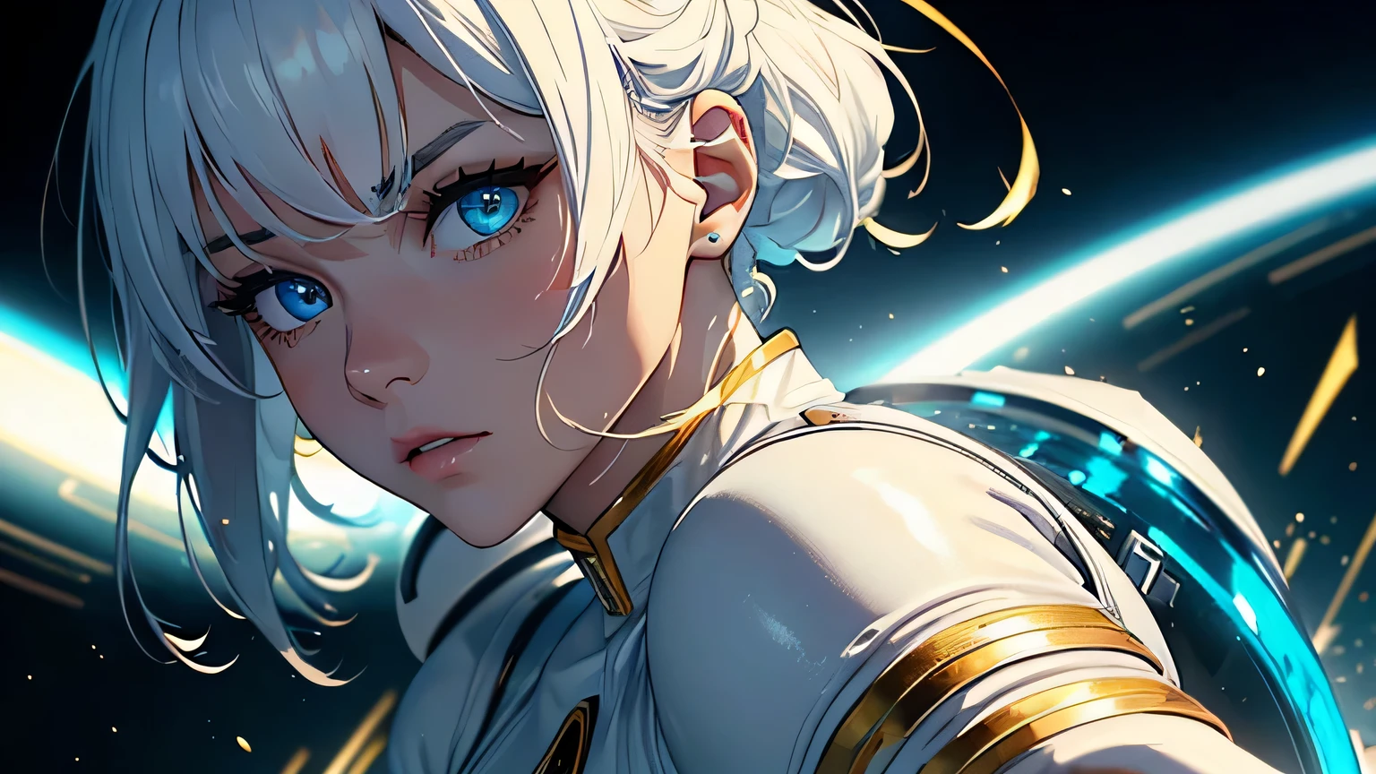 4K, A high resolution, Best quality at best, masterpiece, perfect colors, perfect shadow, perfect litthing, ((sportrait)), 1woman, fit body, heterochromia eyes,dark blue hair , blue eyes, With round lenses, The audience watched carefully, (s face: 1.2), Perfect female figure, ((dynamic pose)), ((white and gold Tight crop top white and gold leather suit)), ((shy and looking at viewert)), (Perfect thick white eyebrows) Delicate fur, 详细s face, s the perfect face, , (dynamic pose), cyberpunk abstract background, ((Bonifasko lighting)), (The round lenses on his eyes)(detailed eyes), Perfect student, ((face close up))
