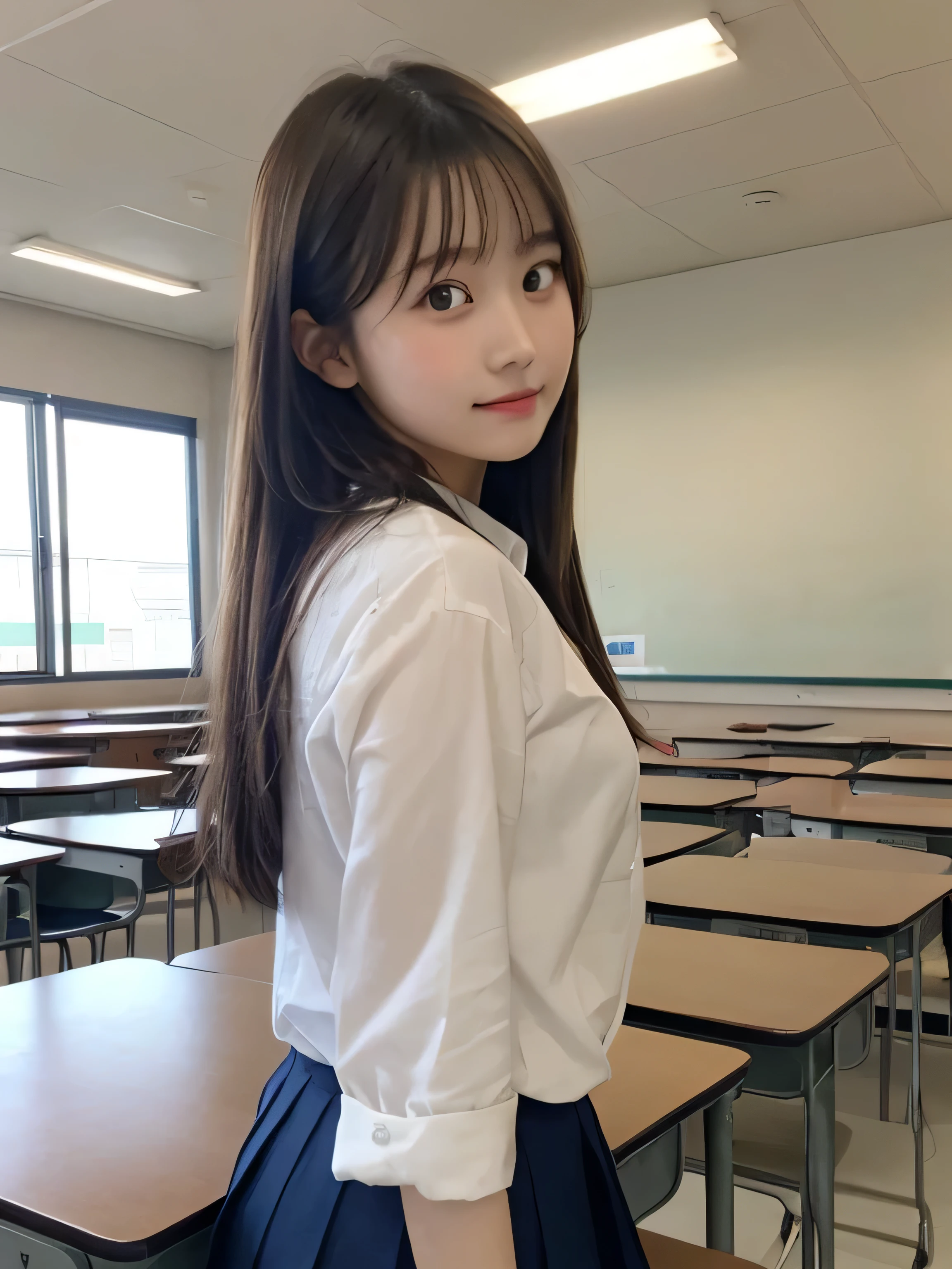 (RAW photo:1.2), ((photorealistic:1.4),(masterpiece:1.3),(best quality:1.4),ultra high res,(detailed facial features),(detailed clothes features),HDR,8k resolution, 1girl, school girl, in the classroom, blush, smile