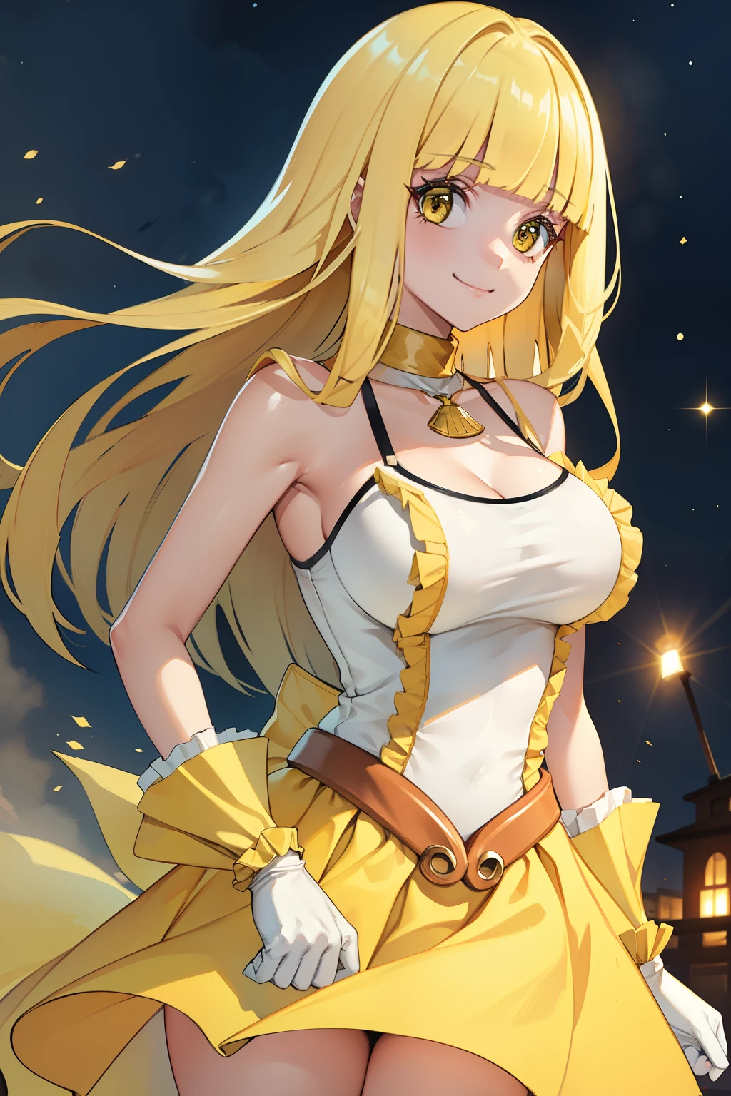 aacoco, masterpiece, best quality, highres, long hair, blonde hair, blunt bangs, loose hair, adult, mature, choker, frills, yellow dress, big breast, sleeveless, yellow gloves, yellow skirt, big hips, smile