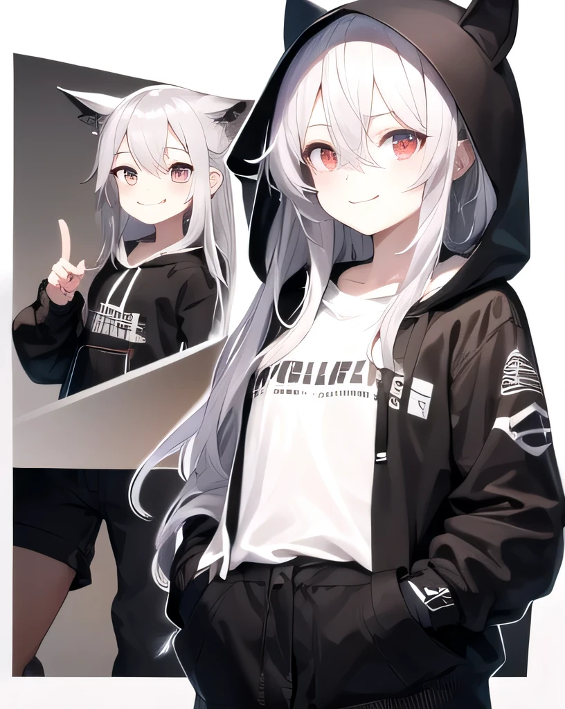 8K,masterpiece,301 year old male,alone,long hair,silver hair,bat pattern hoodie:1.5,put your hands on your hips, put one'Hand in hand'pocket of,smile,Mini Characters:1.5,put the hood on your head:1.5,