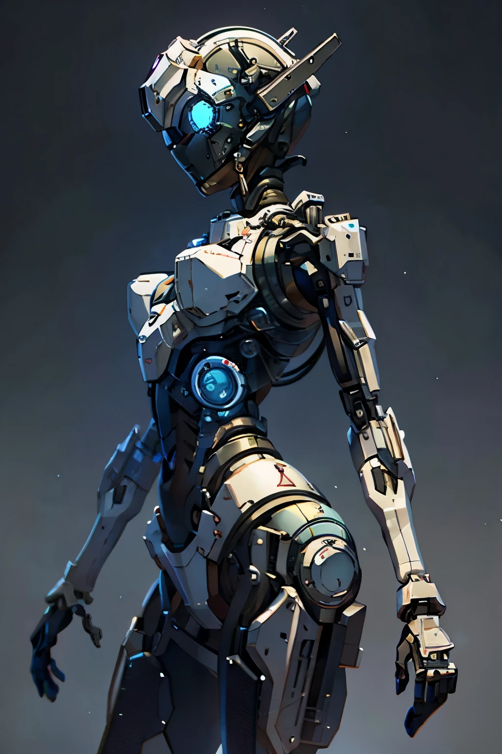 close-up shot, perfect quality, perfect face, perfect detail, feminine robot, silver robot body, silver mech body, two blue eyes, no human face, sharp joints, standing alone in a desert