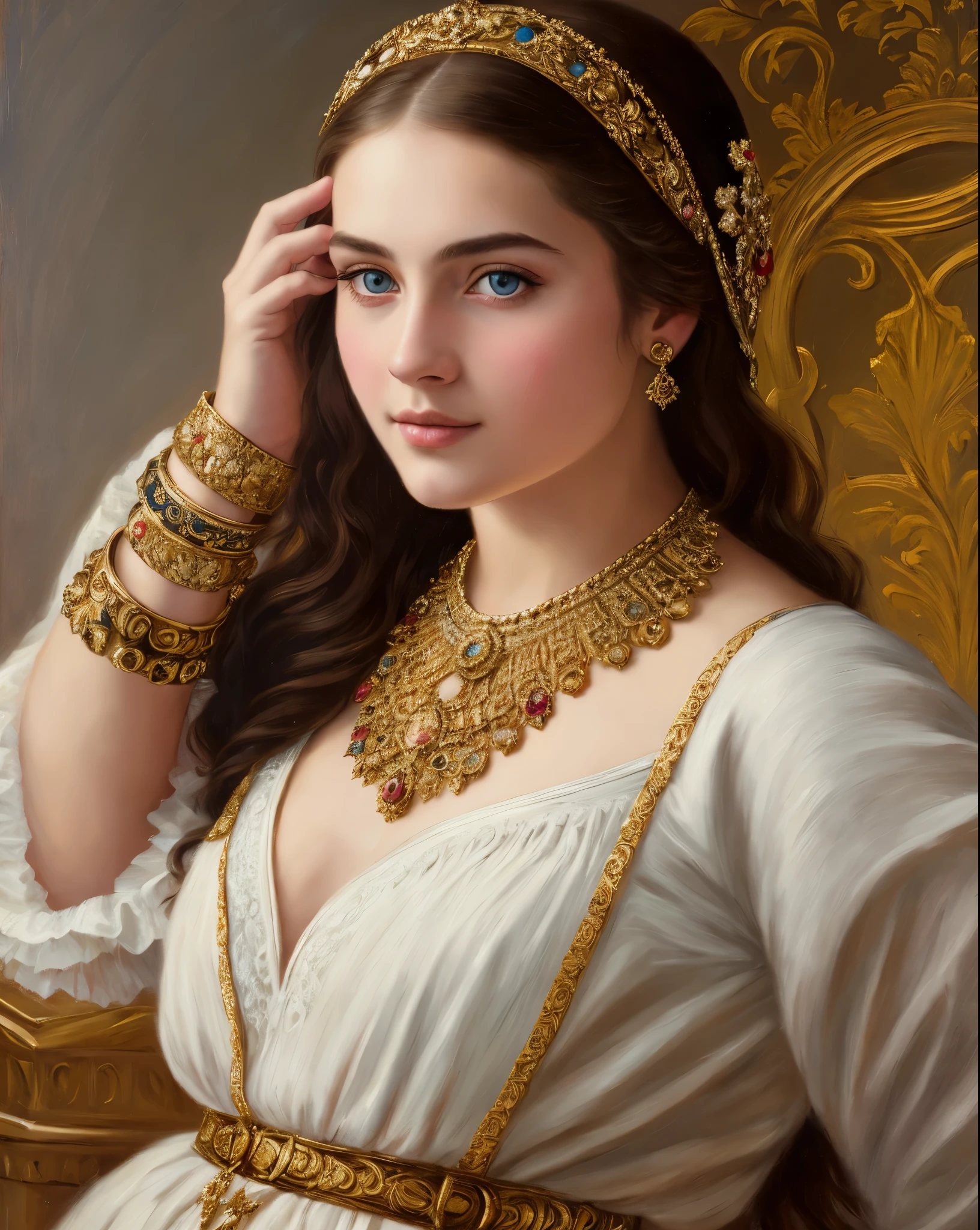portrait, girl, middle ages, classicism, andrey atroshenko style, painting, pierced eyes, beautifully styled hair, traditional media, realistic, figurative, fine art, oil on canvas, HDR, 8K, original character, high resolution, high detail, focus on the face, beautiful eyes , perfect fingers, intricate details,