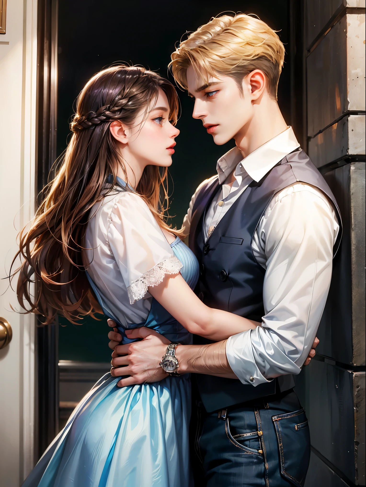 Couple, 1 girl 1 boy, different hair color, height different. The boy has short blonde hair, wavy hair. Sky blue eyes. He wears white shirt with black vest and black pants. The girl has medium copper colored hair, wavy hair, small breast, no bangs and violet eyes. She wears a violet shirt with long jeans, beautiful girl, detailed eyes, detailed face, detailed hands. they look into each other's eyes, they hug. Background a rainbow