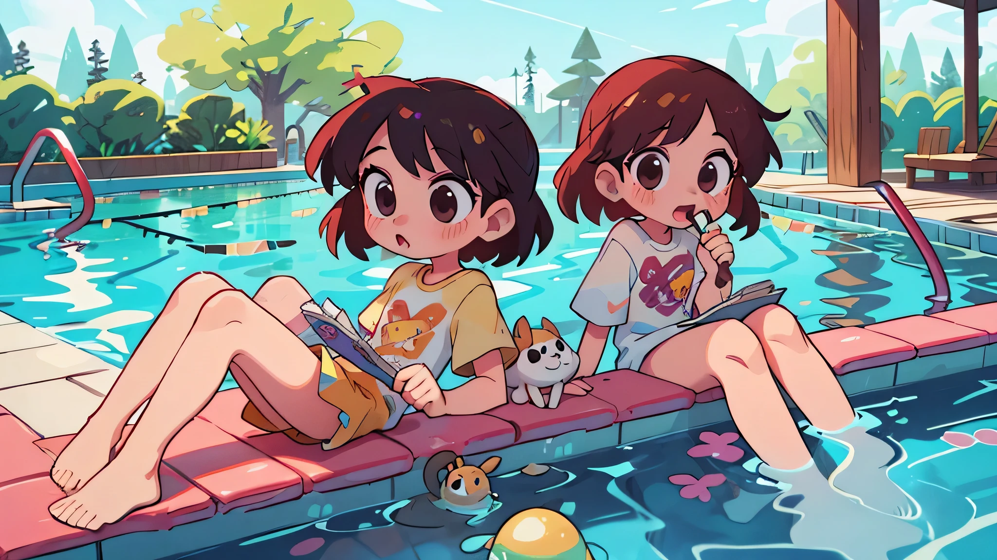 the twins in the pool, (Two brunette twins, de 5 anos, roupas rosa) Elas aprendem sobre as cores enquanto pintam e exploram o mundo ao seu redor. (twin 11 year old girls)