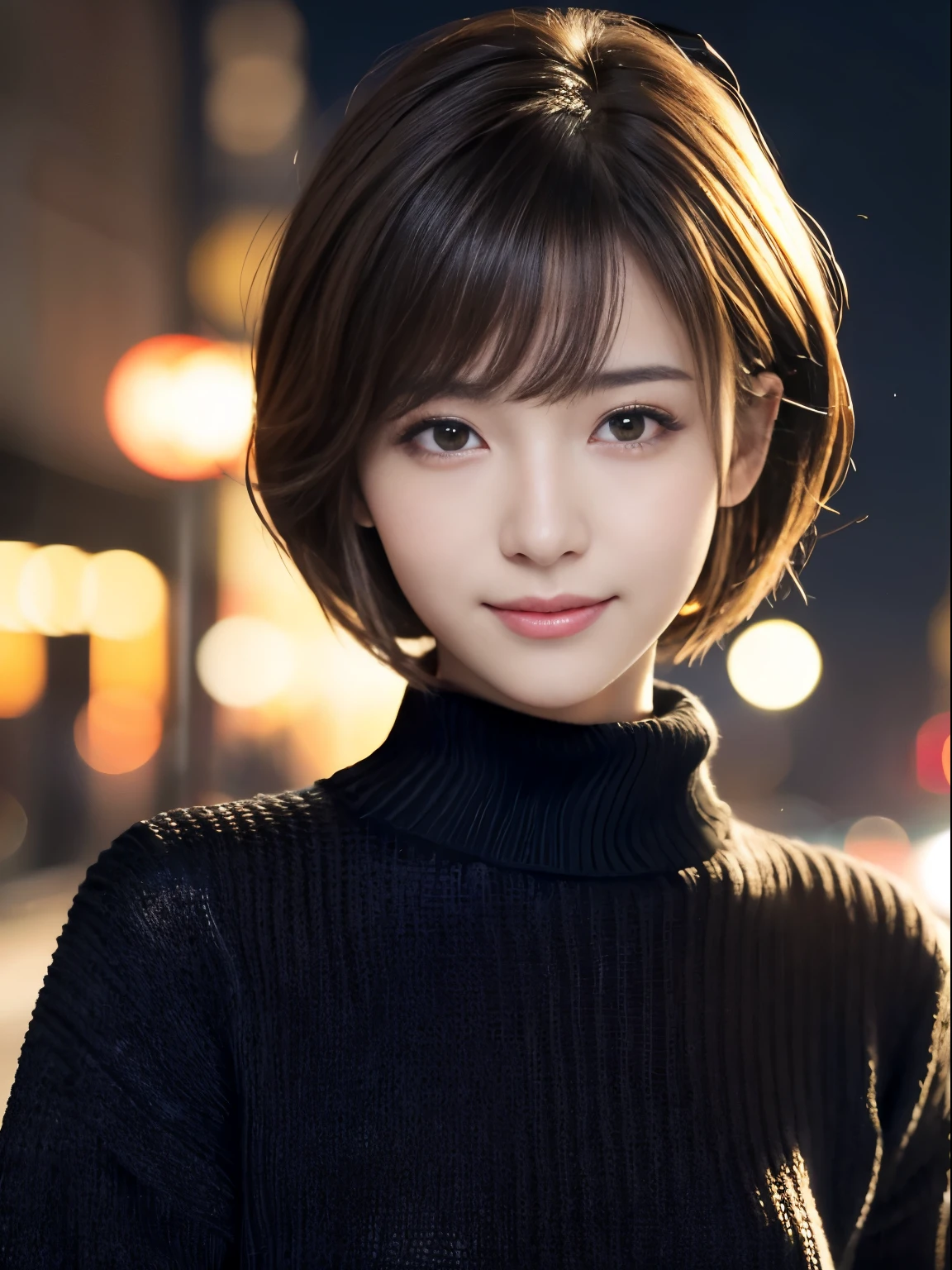 1 Japanese Idol, (Realistic, Top Quality), (Realistic, Photorealsitic:1.4), Short Hair, Must Piece, Very Fine and Beautiful, Highly Detailed, 8K Wallpaper, Amazingly Fine, Highly Detailed CG Unity, High Resolution, Soft Light, Beautiful Detail, age19, Very very detailed eyes and face, beautiful detailed nose, beautiful detailed eyes, cinematic lighting, night city lights, perfect anatomy, slender face, slender body, (smile), (hair mess, asymmetrical bangs, light brown hair), (black sweater:1.4), 