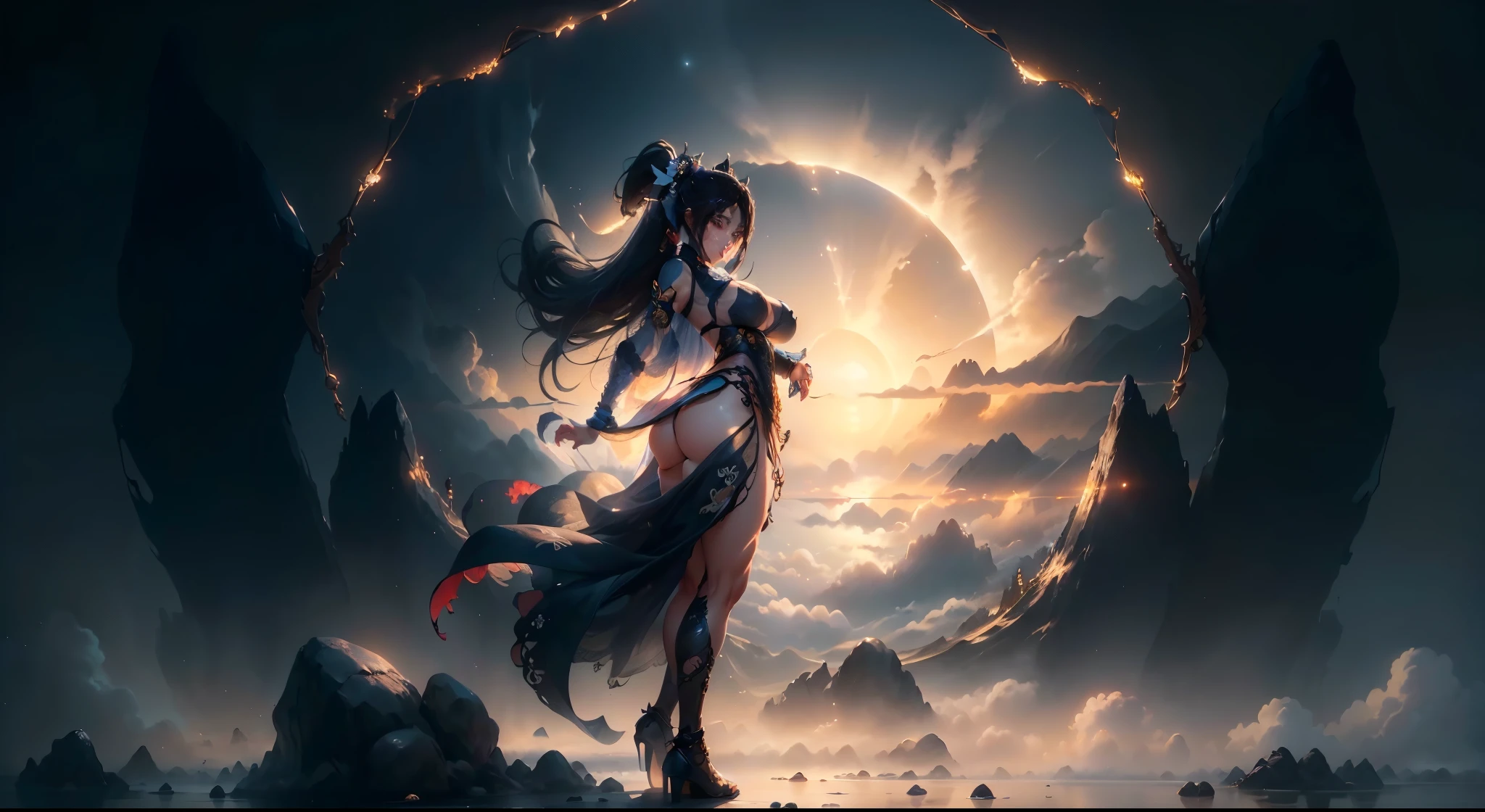 whole body，whole body展示，whole body拍摄,(A woman wearing a flowing black gauze skirt stands on a rock in the clouds and mist，The skin under the black gauze is looming，Beautiful celestial mage), (Surrounded by clouds and mist，Mountain peaks submerged in clouds and mist，The rays of the setting sun illuminate the sky, ）Beautiful celestial mage,((from below，Perspective drawing，horizon shot))，(whole body，whole body展示，whole body拍摄),[[[muscle]]],(((anatomically correct))) ,((8K+ultra high resolution+ultra high definition+masterpiece+detailed)),(supermodel+delicate skin+high ponytail+huge breasts),[[[muscle]]],
