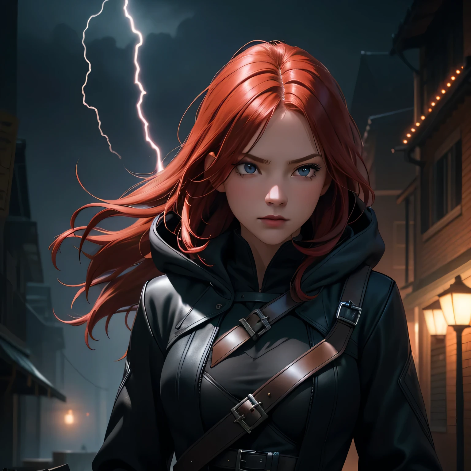 Melhor qualidade, realista, uma garota com cabelo ruivo e olhos e rosto detalhados, Lightning Around, usando um vestido preto, com um sobretudo preto, and a person with a black hood on their head. The scene portrays a huntress inspired by the style of Van Helsing. The background is dark, mysterious scenery with dimly lit streets and fog. The colors are rich and vibrant, com uma paleta de cores escuras e temperamentais. The lighting is dramatic, casting long shadows and highlighting the girl&#39;s determined expression. The overall image should have a cinematic and exciting atmosphere, capturing the essence of a fierce and skilled huntress in action.