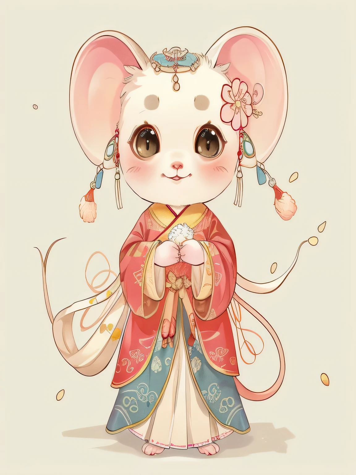there is a cartoon mouse dressed in a hanfu, beautiful mouse - girl, mouse in clothes, anthropomorphic mouse, palace , A girl wearing hanfu, charming and detailed digital art, maplestory mouse, Wearing ancient Chinese clothes, mouse, chinese princess, charming《chibi》mouse巫師, cute numbers, A beautiful artistic illustration, hanfu