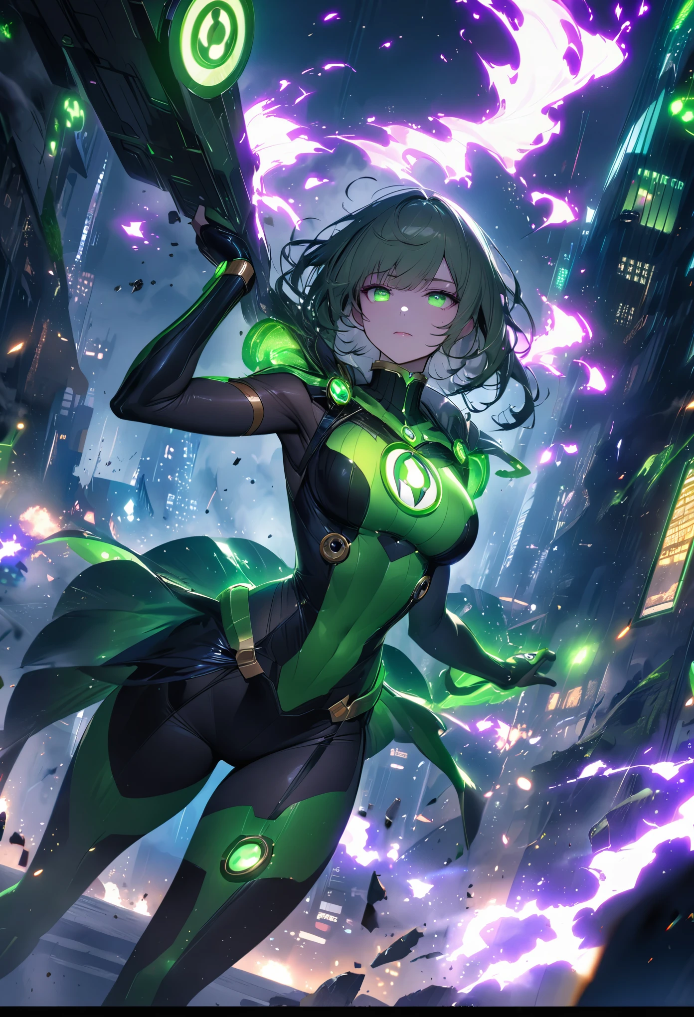 scenes from movies, Woman dressed as Washington D.C. Green Lantern, Very detailed, futuristic cityscape, at night, glowing neon lights, smokes, spark, metal shavings, flying debris, blue energy effect, Volumetric light
