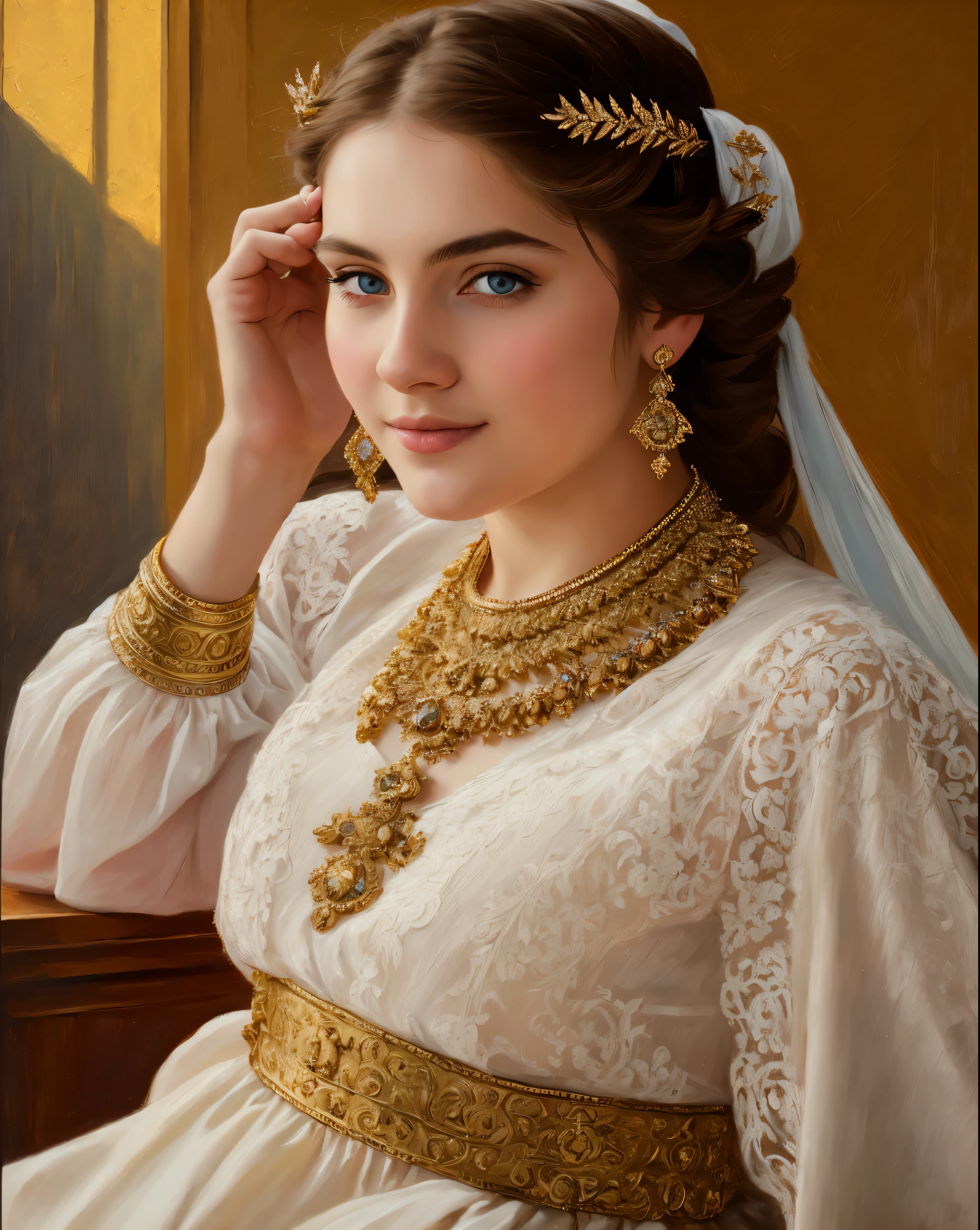 portrait, girl, middle ages, classicism, andrey atroshenko style, painting, pierced eyes, beautifully styled hair, traditional media, realistic, figurative, fine art, oil on canvas, HDR, 8K, original character, high resolution, high detail, focus on the face, beautiful eyes , perfect fingers, intricate details,