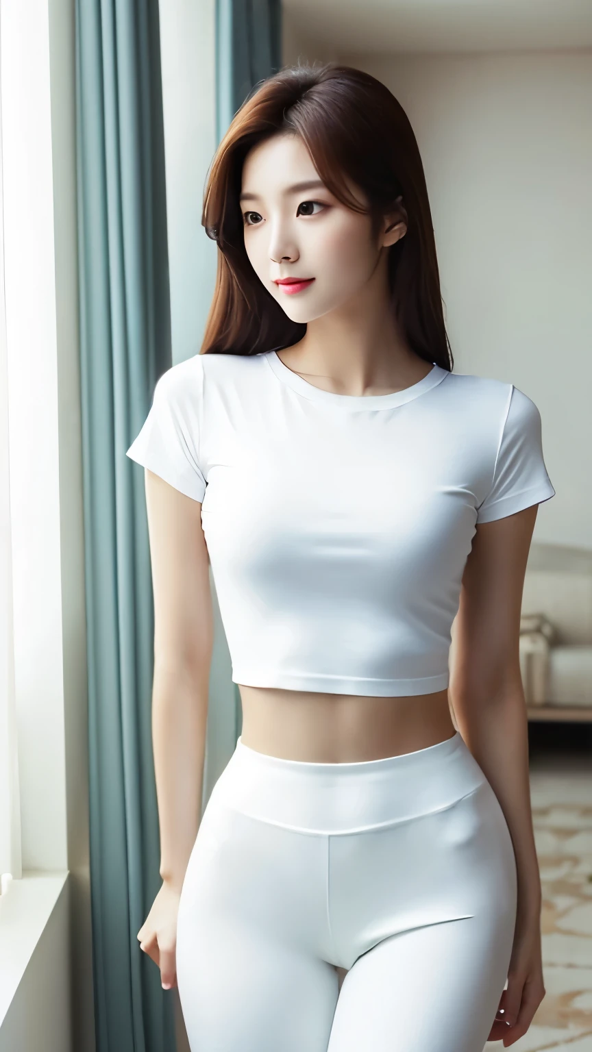there is a woman that is posing for a picture in a room, smooth white tight clothes suit, Gorgeous young Korean woman, wearing tight simple clothes, 2 4 year old female model, wearing tight shirt, Korean girl, dressed in a white t-shirt, Tight shirt, photo of slim girl, beautiful Korean women, White top, Beautiful young Korean woman