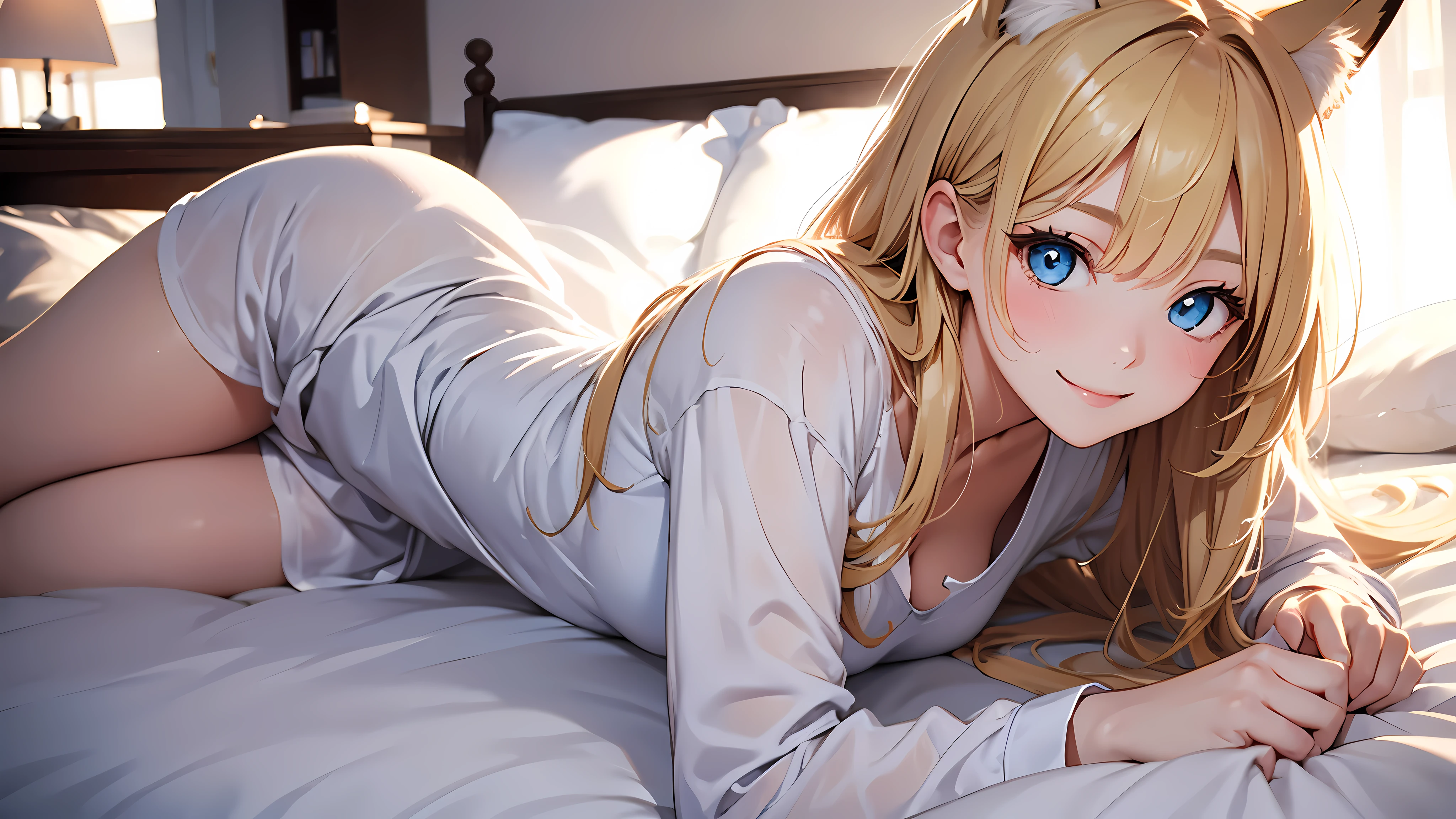 (one girl)、20-year-old、blonde、long hair、unkempt、(I feel sleepy)、Charming beautiful girl、white pajamas、fox ears、bangs、blue eyes、smile、bed、Waist to head、classic、aerial perspective、Detailed image、atmosphere、(transparent),(Pure)、perfect hands、Hands without distortion、