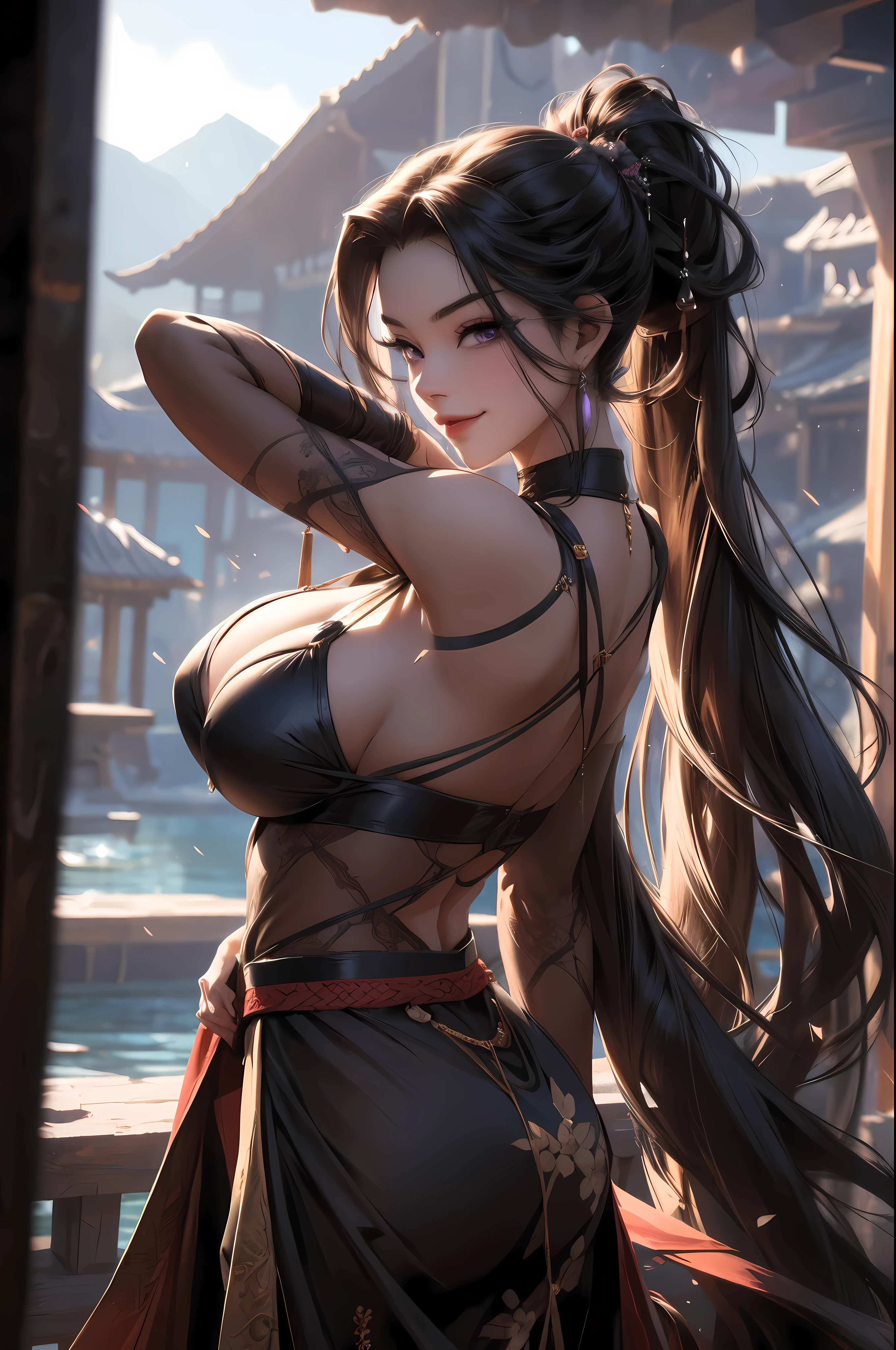 Open your lips and smile widely, Beautiful animated full body glamor portrait of Kunoichi, goddess, huge tits, mischievous smile, Looking lovingly at the viewer, Long hair in a ponytail, black hair, amazing purple eyes, smokey eye makeup, anatomically correct, Mid-20s, posing for the camera in a very detailed hidden lagoon, mountain background, standing attack posture, Ahh. studio lighting, detailed skin, extremist, realistic, sharp features, very detailed. sharp focus, natural skin, natural skin texture, underground spawning, muted colors, skin pores, perfect face, perfect eyes, perfect lips, flexible female form, vivid, cinematic, film light, very detailed, Hyper-realistic, masterpiece, atmosphere, high resolution, vibrant, high contrast, dark angle, 8 thousand, HDR, 500px