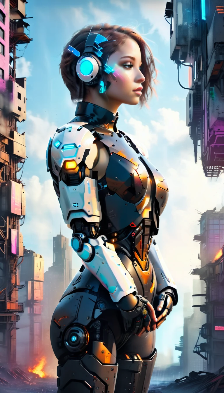 Um Cyborg altamente detalhado, arms crossed in front of a destroyed city, boasting futuristic details on its bionic body. (Um ciborgue extremamente detalhado com arms crossed in front of a destroyed city, with futuristic details on its bionic body.)