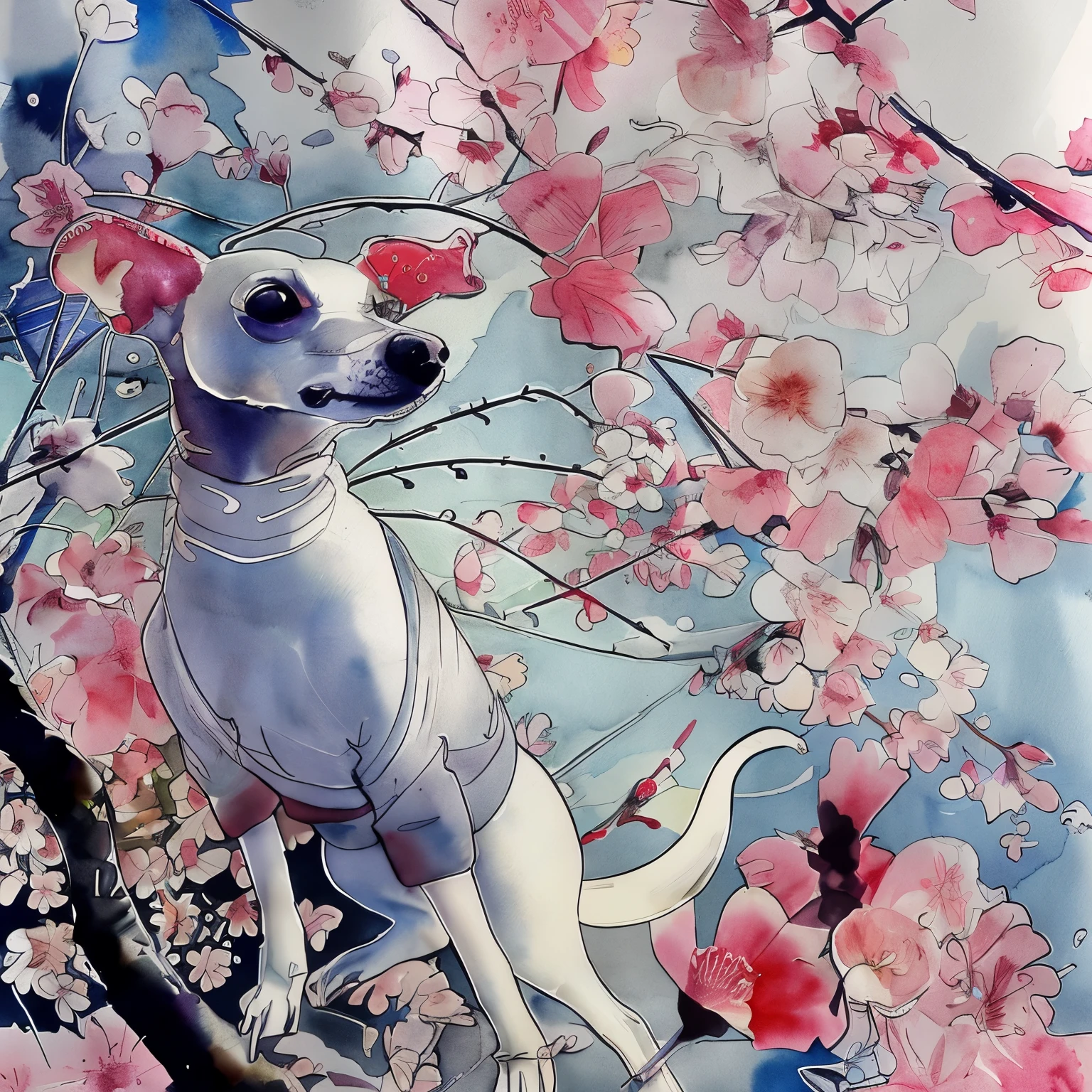cute、italian greyhound、watercolor painting、An illustration、Yaezakura