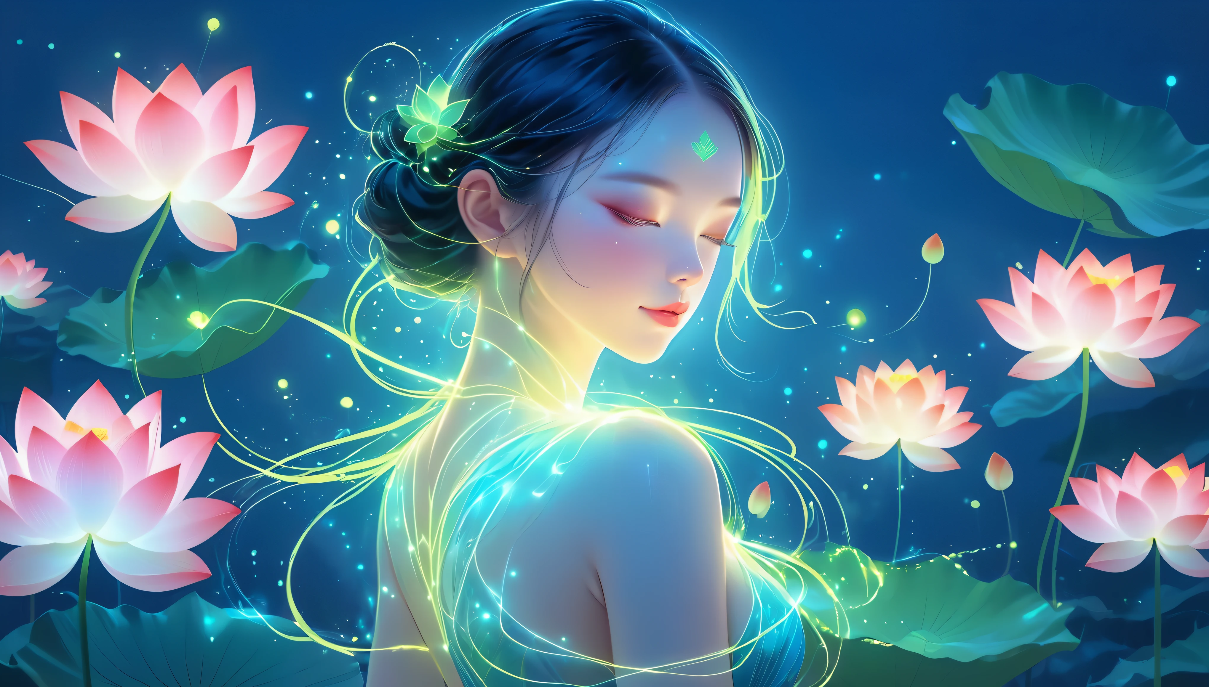 (masterpiece, best quality:1.2), In digital art style, charming illustration,1 girl, grace，alone，body glow，Glowing lotus，Glowing lines，fluorescence,glow example，Example tracking，flash，萤light particles，Backlight，Translucent，light particles，Correct human anatomy，