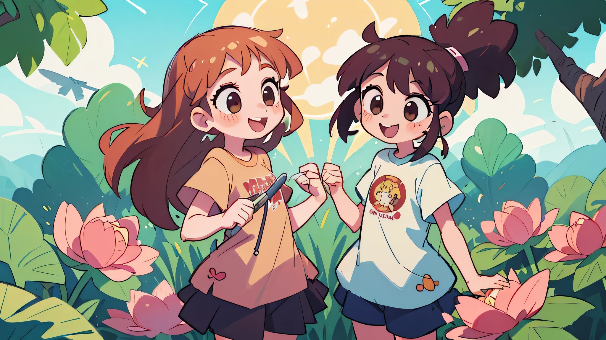 the twins smiling happily, fundo branco (Two brunette twins, de 5 anos, roupas rosa) Elas aprendem sobre as cores enquanto pintam e exploram o mundo ao seu redor. (twin girls)