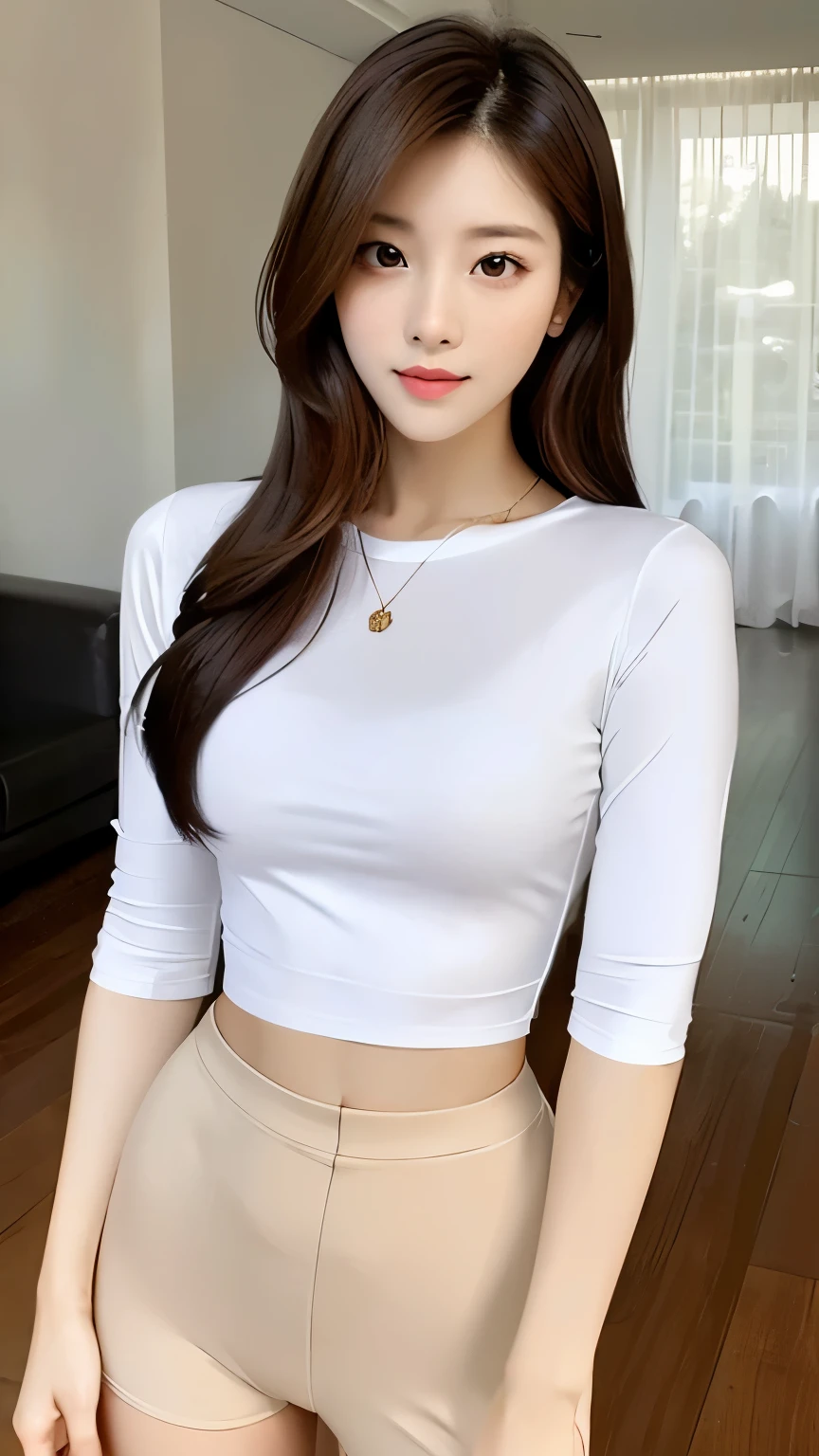 there is a woman that is posing for a picture in a room, smooth white tight clothes suit, Gorgeous young Korean woman, wearing tight simple clothes, 2 4 year old female model, wearing tight shirt, Korean girl, dressed in a white t-shirt, Tight shirt, photo of slim girl, beautiful Korean women, White top, Beautiful young Korean woman