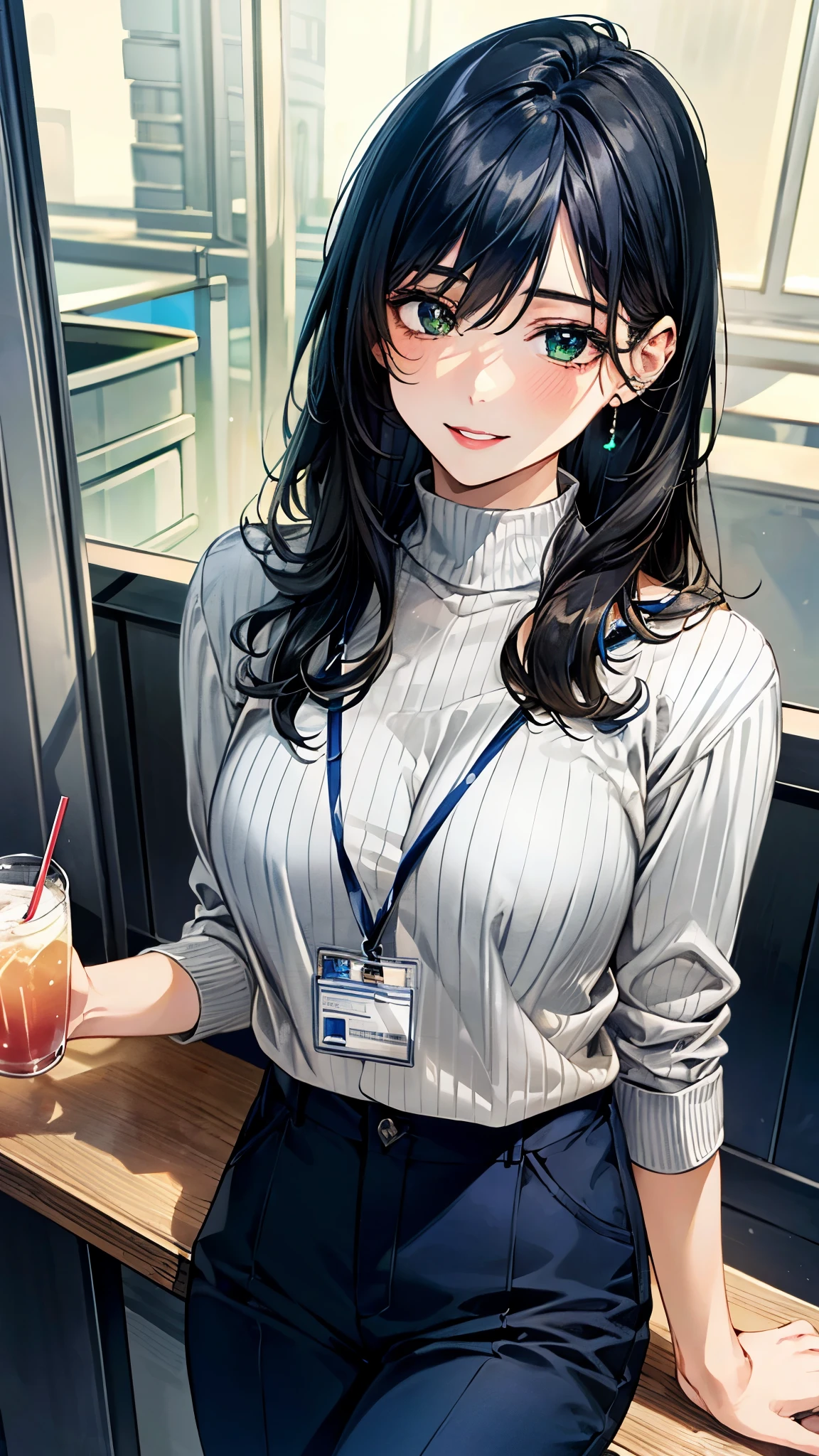 (masterpiece:1.3, top-quality, ultra high res, ultra detailed), (realistic, photorealistic:1.4), beautiful illustration, perfect lighting, natural lighting, colorful, depth of fields, 
looking at viewer, full body, front view:0.6, 1 girl, japanese, office lady, 19 years old, perfect face, (perfect anatomy), cute and symmetrical face, baby face, shiny skin, , 
(long hair:1.7, straight hair:1.2, black hair), hair between eyes, emerald green eyes, long eye lasher, (large breasts:0.8), 
beautiful hair, beautiful face, beautiful detailed eyes, beautiful clavicle, beautiful body, beautiful chest, beautiful thigh, beautiful legs, beautiful fingers, 
((half-sleeve navy high neck sweater, gray stretch tapered pants), id card), 
(beautiful scenery), day time, (office lounge), drinking drink, (happy smile, half-closed eye, parted lips),