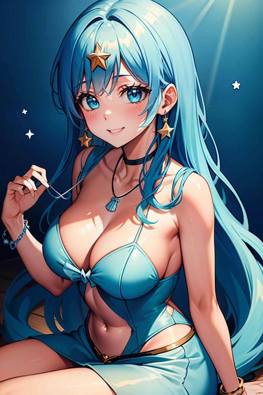 mermaid, jewelry, solo, breasts, star hair ornament, choker, frills, light blue dress, big breast, sleeveless, light blue gloves, light blue skirt, big hips ,star earrings, smile, long hair, wavy hair, long hair, looking at viewer, necklace, light blue hair, light blue eyes, earrings, star (symbol), shell necklace, sitting, bracelet, hair ornament, bangs, nsfw:1.8