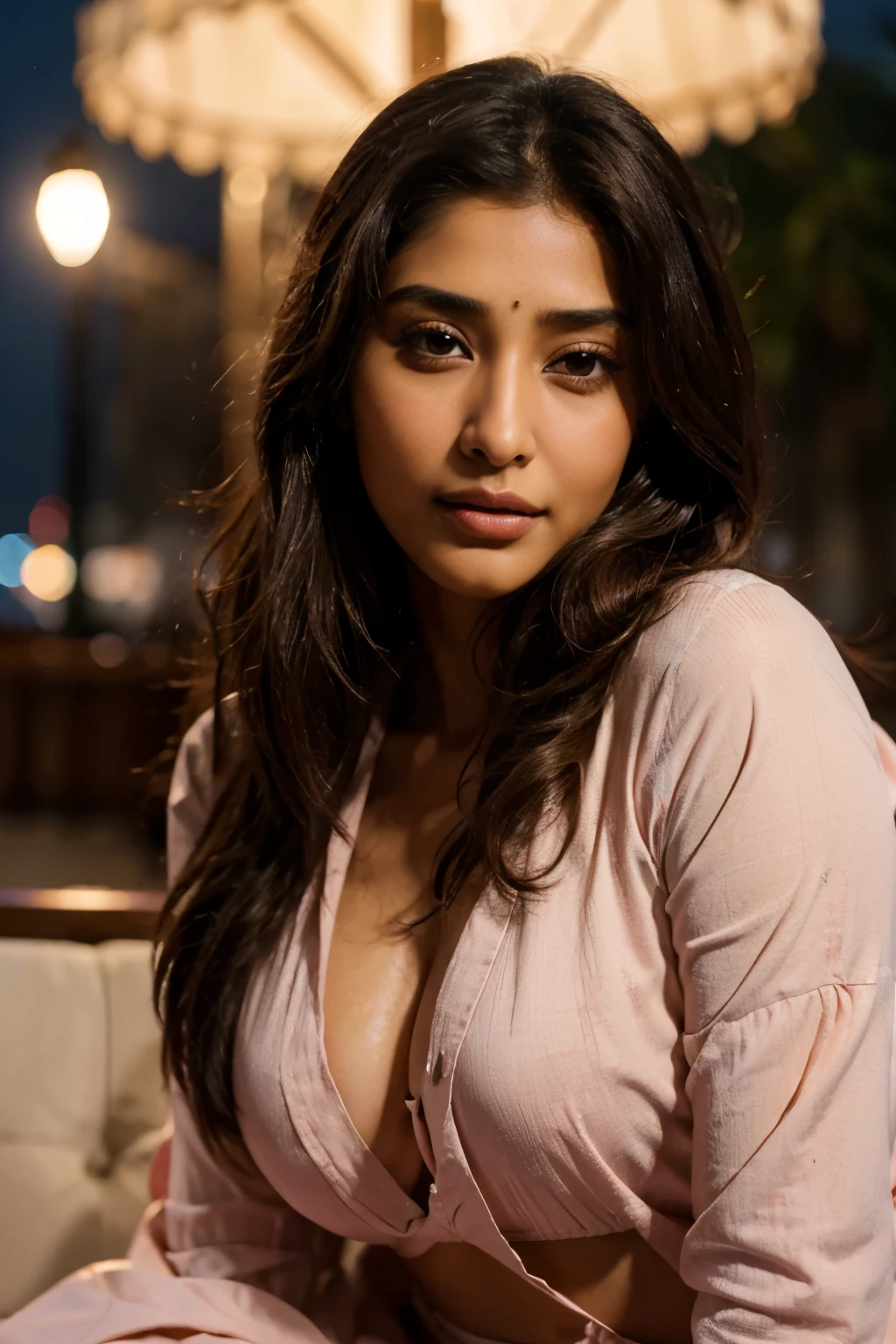 masterpiece, Best Quality, Photorealistic, Ultra-detailed, finedetail, hight resolution, 8k Wallpapers, 1 beautiful woman, face of actress pooja hegde, pink shalwar qameez, At night, light brown messy hair, Perfect dynamic composition, Beautiful detailed eyes