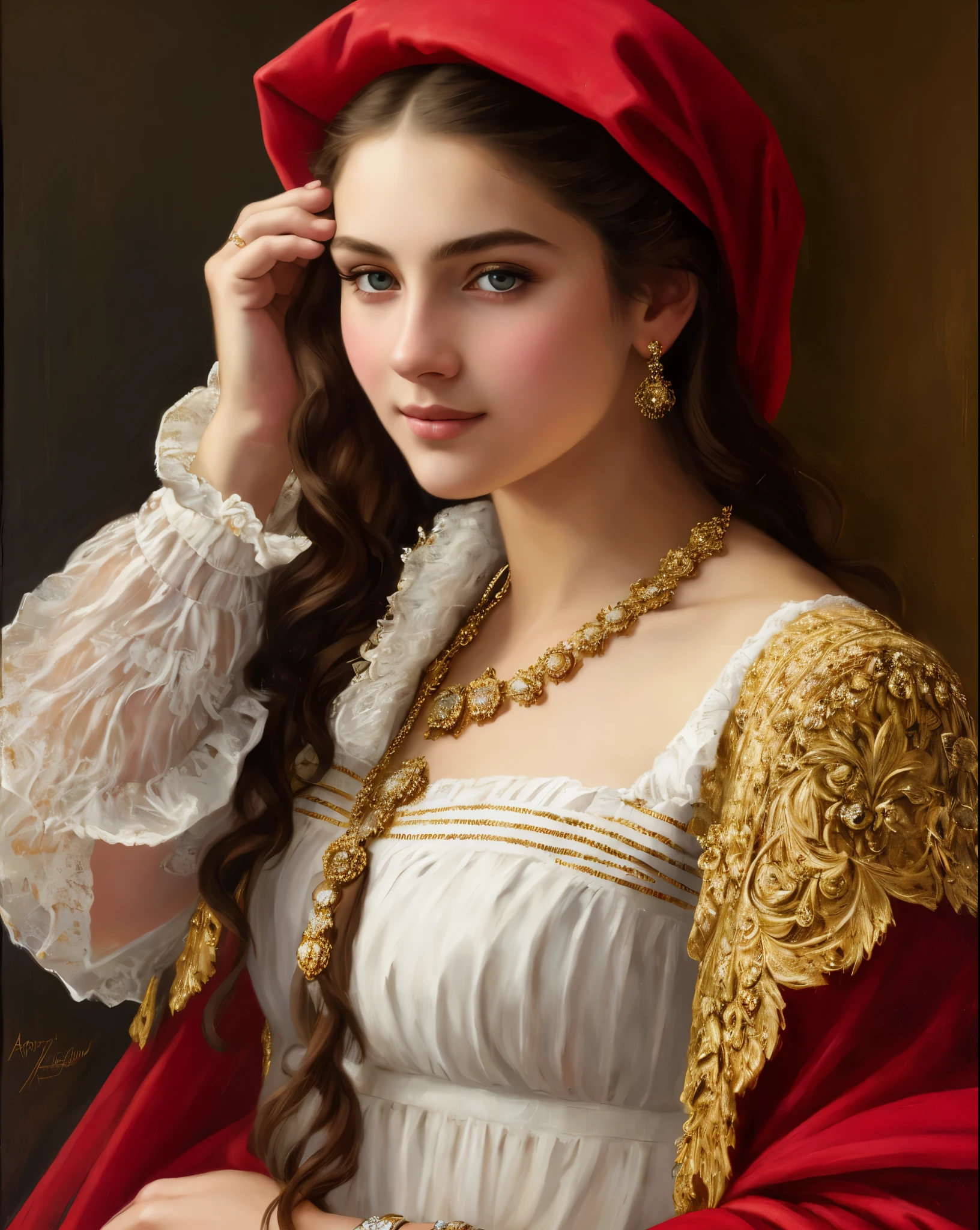 portrait, girl, middle ages, classicism, andrey atroshenko style, painting, pierced eyes, beautifully styled hair, traditional media, realistic, figurative, fine art, oil on canvas, HDR, 8K, original character, high resolution, high detail, focus on the face, beautiful eyes , perfect fingers, intricate details, 