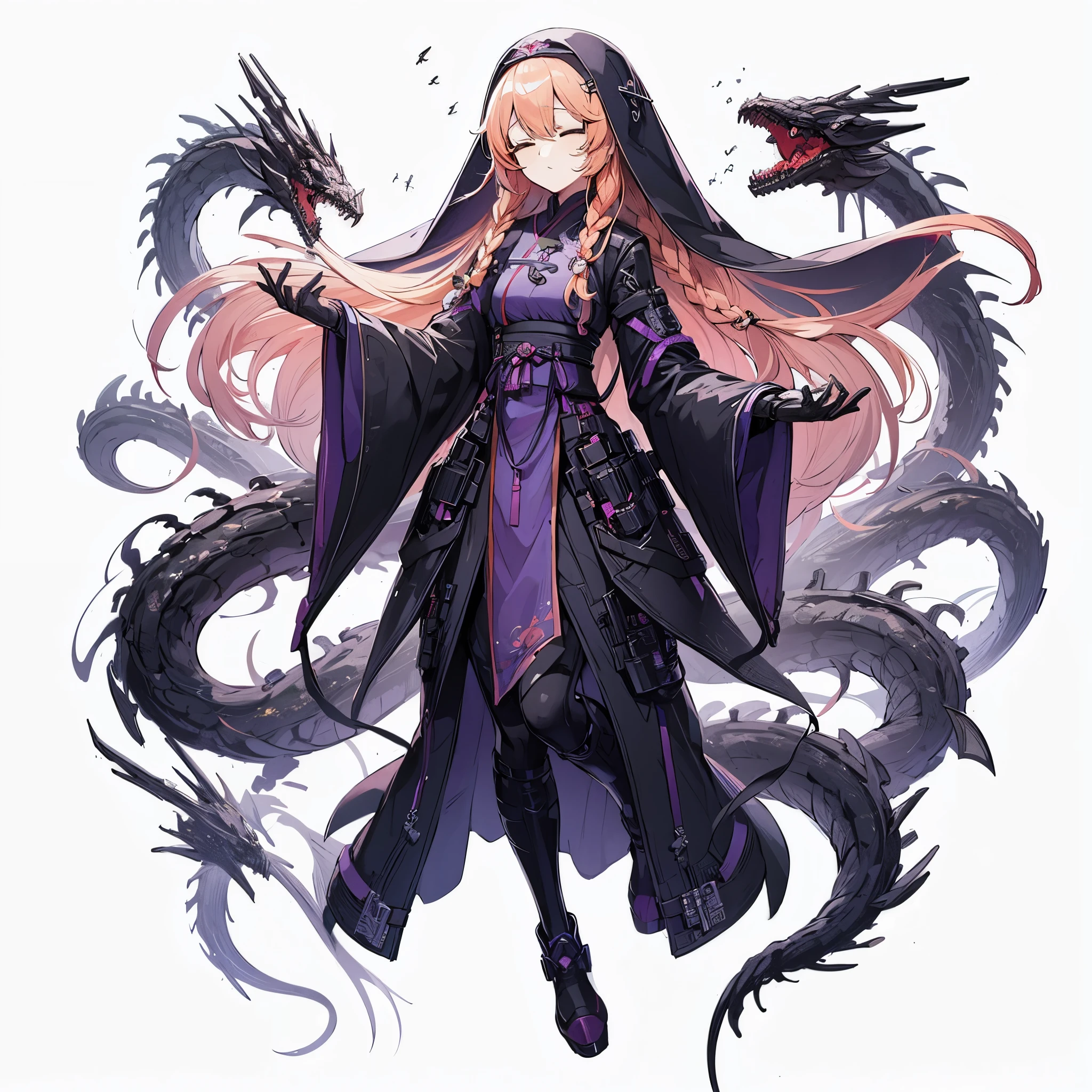 (Masterpiece, top quality), (perfect athlete body: 1.2), (detailed hair), super detailed, anime style, full body, solo, Cyberpunk shadow maiden, light peach hair in a single braid, narrow eyes, wearing Japanese nun’s habit, dark purple cyberpunk kimono, shaped by bones and shadows dragon as servants, sleepy standing, wearing hi-tech boots, standing wasteland, white background, whole body,

