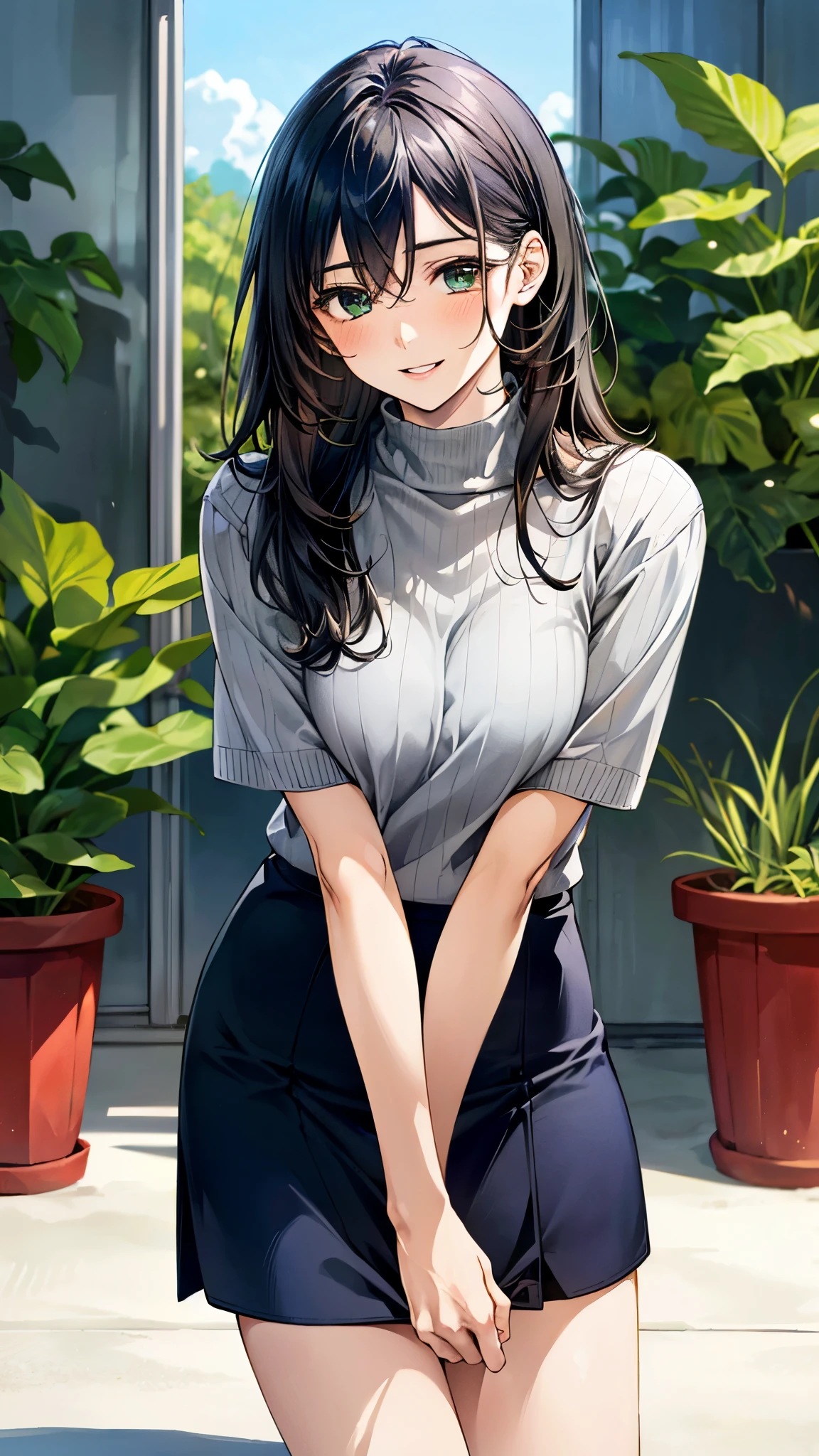 (masterpiece:1.3, top-quality, ultra high res, ultra detailed), (realistic, photorealistic:1.4), beautiful illustration, perfect lighting, natural lighting, colorful, depth of fields, 
looking at viewer, 1 girl, japanese, office lady, 19 years old, perfect face, (perfect anatomy), cute and symmetrical face, baby face, shiny skin, slender, 
(long hair:1.7, straight hair:1.2, black hair), hair between eyes, emerald green eyes, long eye lasher, (large breasts:0.8), 
beautiful hair, beautiful face, beautiful detailed eyes, beautiful clavicle, beautiful body, beautiful chest, beautiful thigh, beautiful legs, beautiful fingers, break, 
(((gray) stretch tight skirt, (navy) short sleeve high neck sweater)), id card, 
(beautiful scenery), day time, (office lounge, potted plant), (drinking canned coffee), (happy smile, half-closed eye, parted lips),