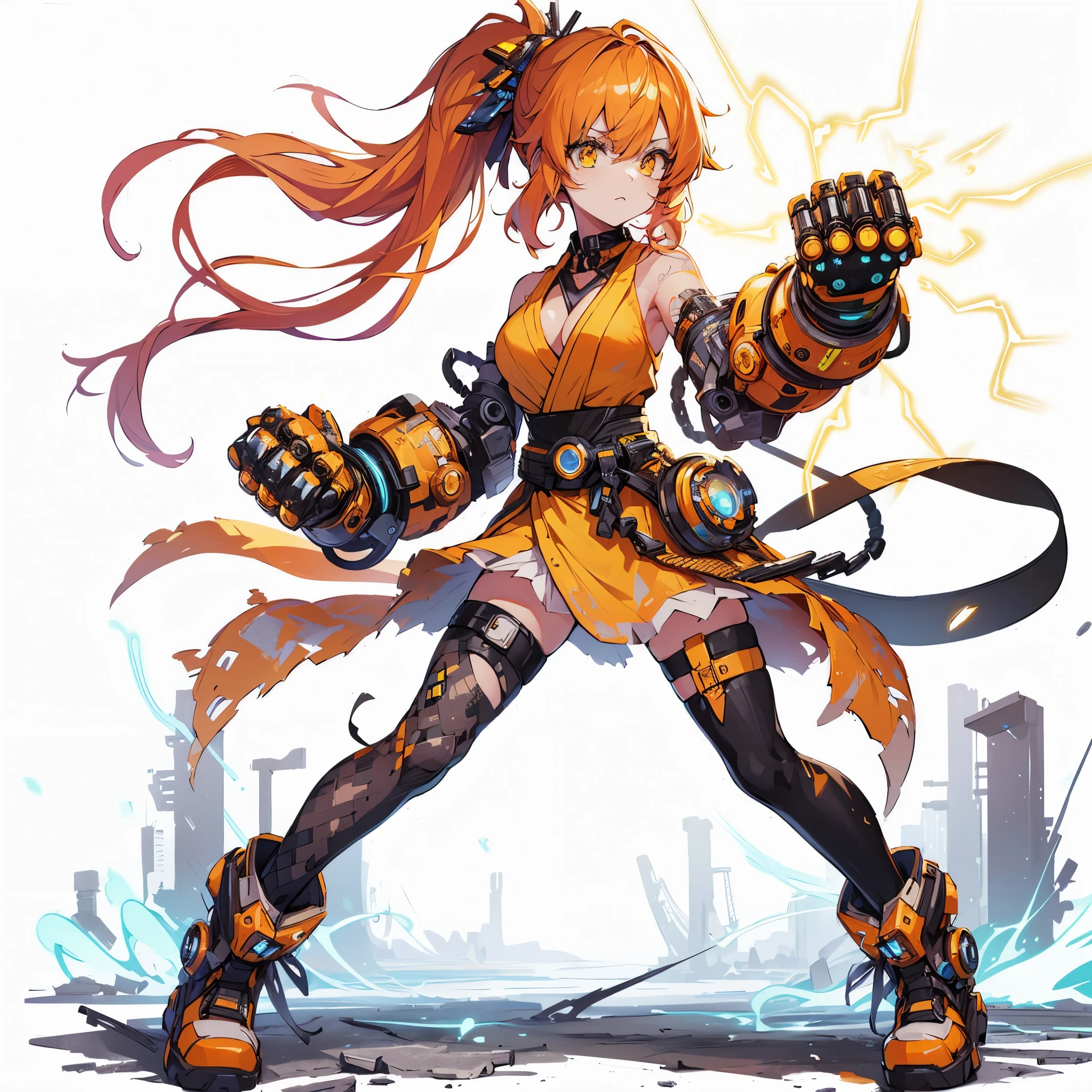 (masterpiece, best quality), ultra detailed, anime style, full body, solo, cute cyberpunk KARATE girl, orange hair and yellow eyes, cyberpunk outfit, hi-tech gauntlets, Lightning and thunder in the air, hi-tech boots, standing in wasteland, digital painting, 8K high resolution, art station trend, white background, whole body,