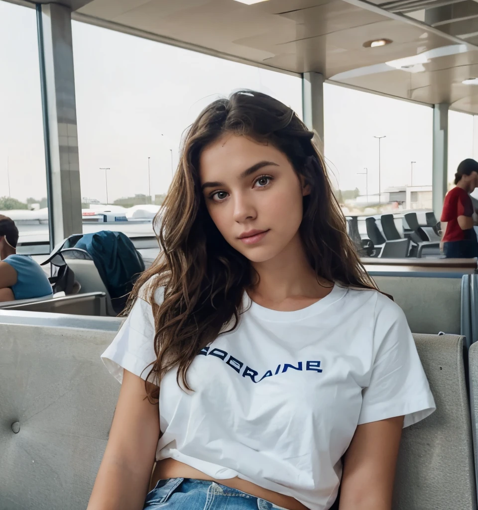 22 year old girl with brunette sitting at the airport, people in the background, Wavy hair, perfect right hands, She is wearing a white T-shirt and blue shorts. hair down, light natural makeup on the face. The girl is relaxed, average quality,