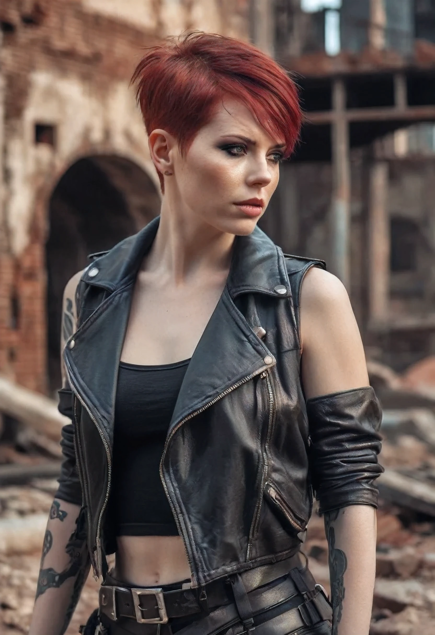 a mid portrait photo of 30 y.o woman in wastelander clothes, red hair, short haircut, pale skin, slim body, the background is city ruins, clean face, wearing a leather outfit, realistic textured eyes, (high detailed skin:1.2),8k uhd, dslr, soft lighting, high quality