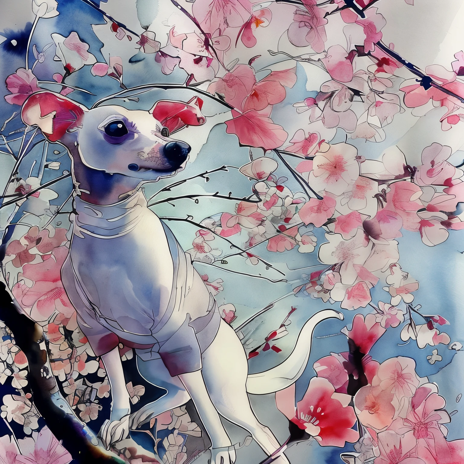 cute、italian greyhound、watercolor painting、An illustration、Yaezakura