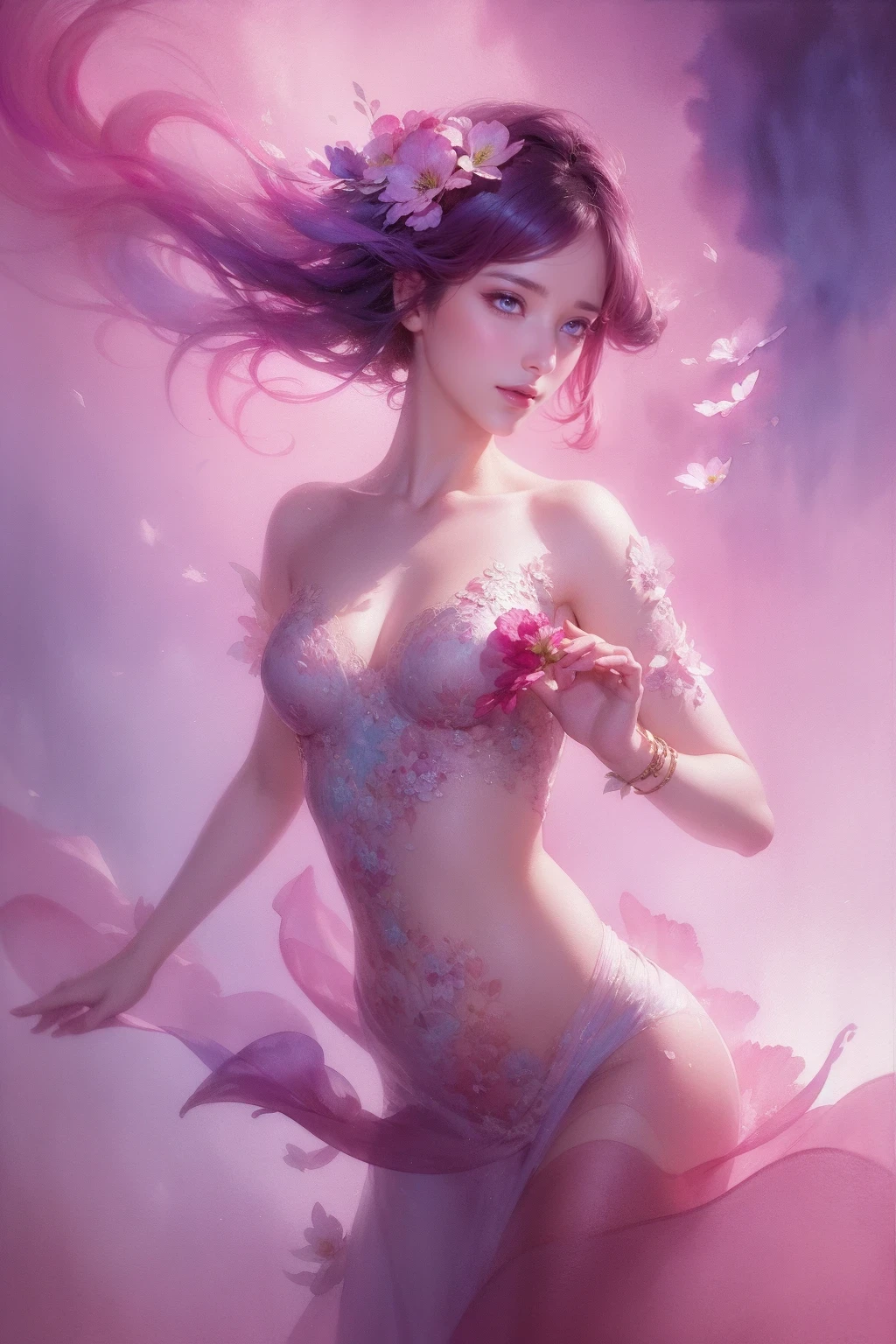 1 girl,flower, Platycodon ,Light pink and light blue style, Fantasy and romantic works, light pink, ethereal leaves, Interesting arrangement,fantasy, high contrast, ink strokes, explode, overexposure, Impressions of purple and red tones , Abstract, ((Watercolors by John Birkey and Jeremy Mann )) brush strokes, negative space,