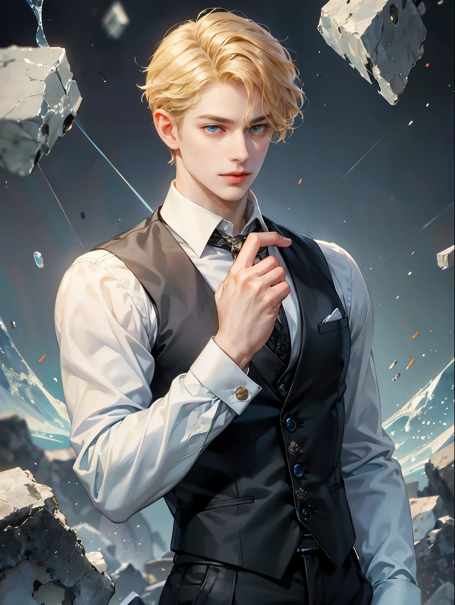 A boy, short blonde hair, wavy hair. Sky blue eyes. He wears white shirt with black vest. Handsome guy, detailed eyes, detailed face, detailed hands, he looks at the viewer. Background shattered glass and rainbow
