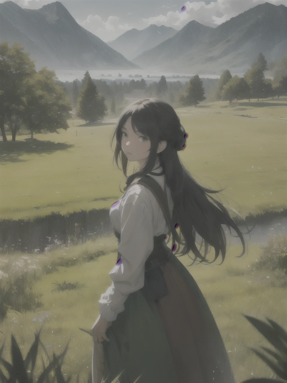 In a green meadow stands a girl leading a group of knights.
BREAK
With a brave expression, she guides them towards their destination.
BREAK
Behind her, a green forest stretches out and beyond that, mountains rise in the distance.
BREAK
The most suitable effect for this scene would be a watercolor painting technique to capture the softness of the meadow and the fluidity of the movement.