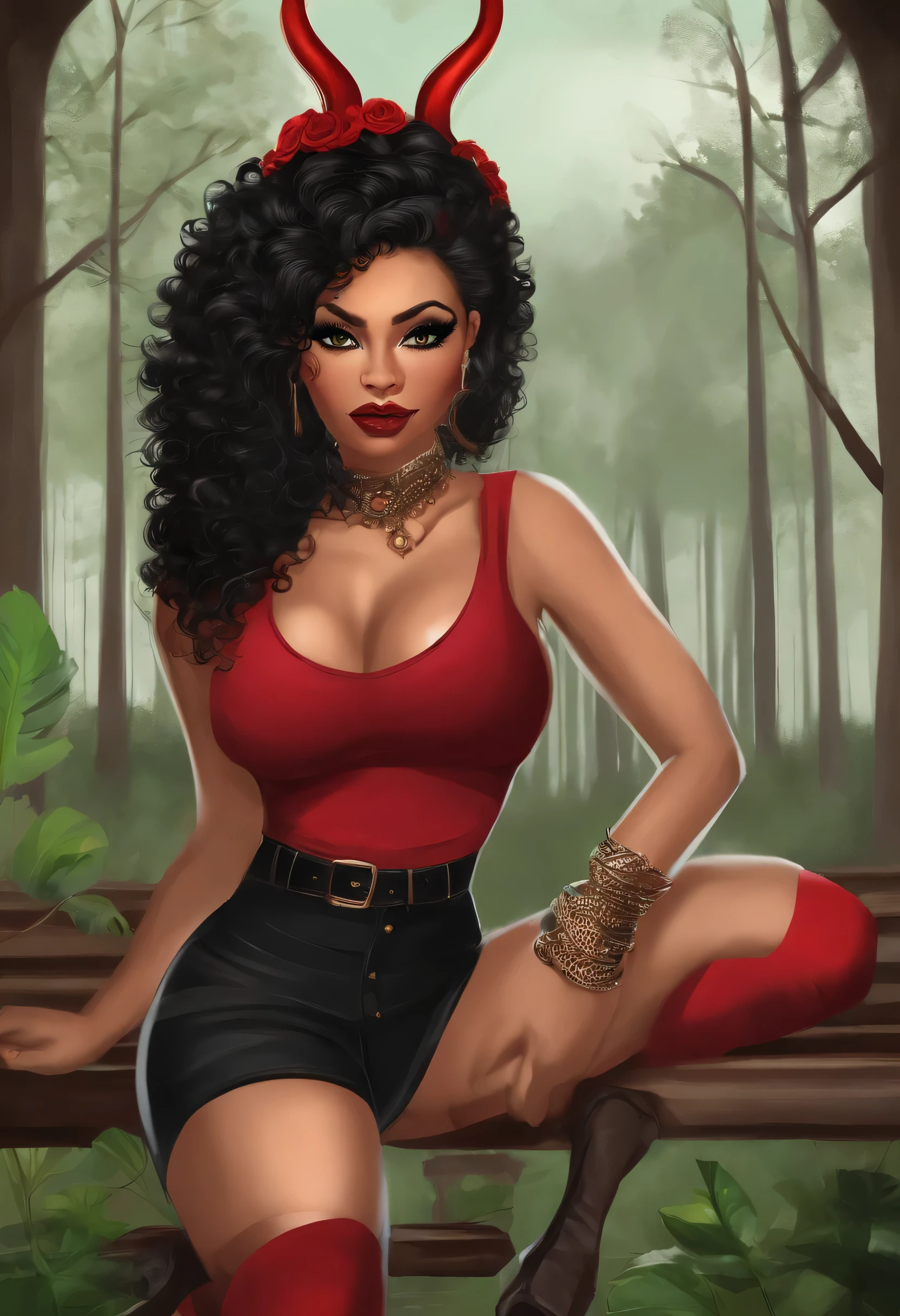un gordito, Bottom heavy Hispanic girl with messy red and black two tone dyed hair, pecas oscuras, ojos rojos, a black t-shirt that has the logo of a green circle and a black star in the middle, Black pants with red Xs on the knees.., neon green imp horns, una delgada cola de diablillo negro. She is a sarcastic and overconfident girl..., ella es caricaturesca y saltarina, she is sweet and loving, but it can also be bad and unpleasant. Ella tiene senos de copa C., y una cintura grande. Viste ropa completa y una bufanda de rayas rojas y negras.. She smiles confidently even when'is at its lowest point...