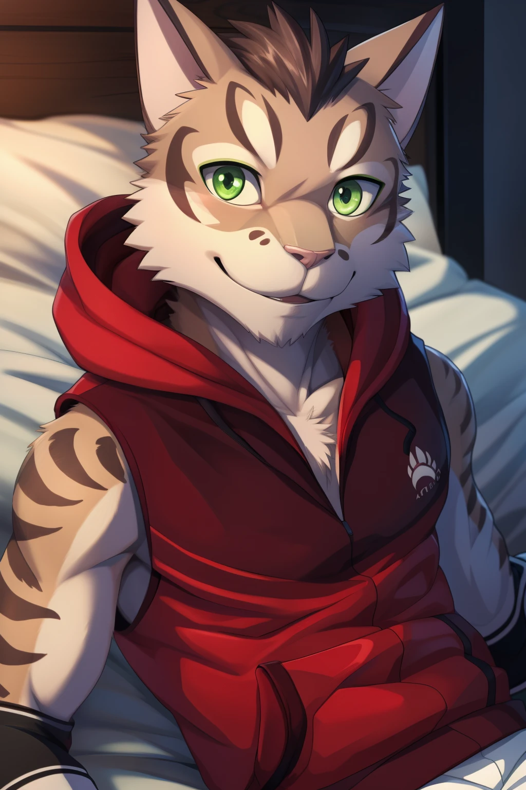 8K, Best Quality, Masterpiece, Ultra High Resolution, yan shu chi, green eyes, tail, (pose:1.3), (posing:1.3), (soft shading), hi res, five fingers, detailed hands, ((detailed face, (detailed eyes:1.0), detailed)) furry, anthro, cat, solo, smile, 1boy, male focus, sleeveless, hood, hoodie, white shorts, sleeveless hoodie, elbow pads on left arm, green eyes, cat paws, sharp nail, blush, lying on his bed, playing phone