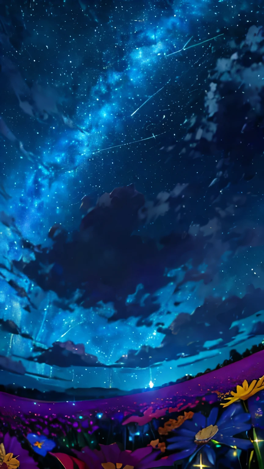 (zoom out:1.1), (meteor雨:1.2), (comet:1.1), low angle, meteor,Milky Way, best quality, masterpiece, cloud, colorful, starry, Star, night, flower field, flowers bloom, night sky, Beautiful flowers, night theme,
