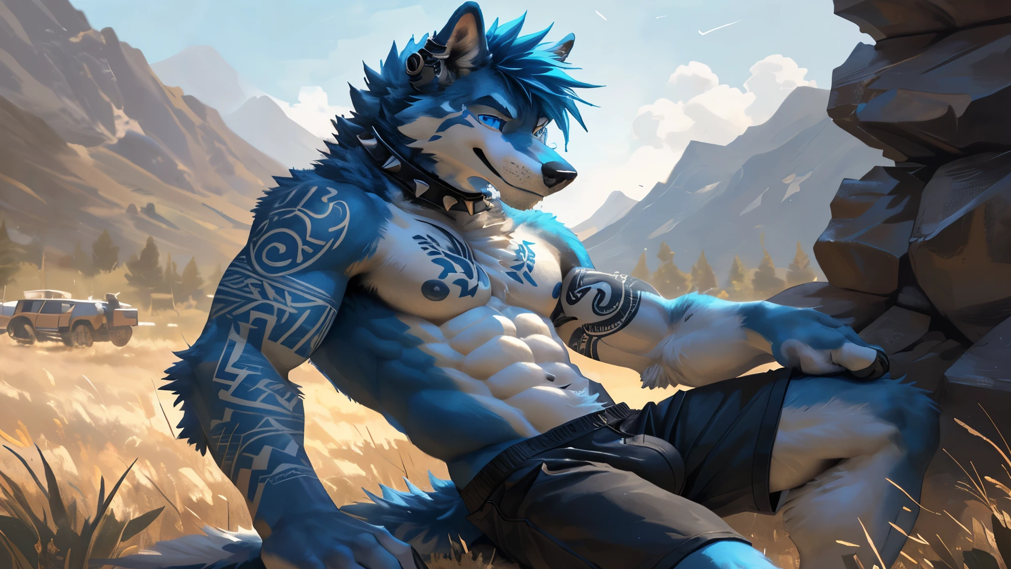 ((solo)), male, anthro wolf, (mulitcolored fur, vivid colors, blue, blue, white torso), main fur color blue, secondary color white, white stomach and crotch, ((canine face, with blue hair, dark blue pupils, muscular:1.2) (tough, smug expression:1.2)), blushing, ((athletic:1.1)), buff, abs, wide shouldered)), (correct anatomy),(realistic fur, detailed fur texture, tattoo markings:1.3)), shirtless, wearing shorts, wearing blue spiked collar, big dick, big penis, gay porn, porn,  gold nose ring, black earrings, photorealistic, hyperrealistic, ultradetailed, by kenket