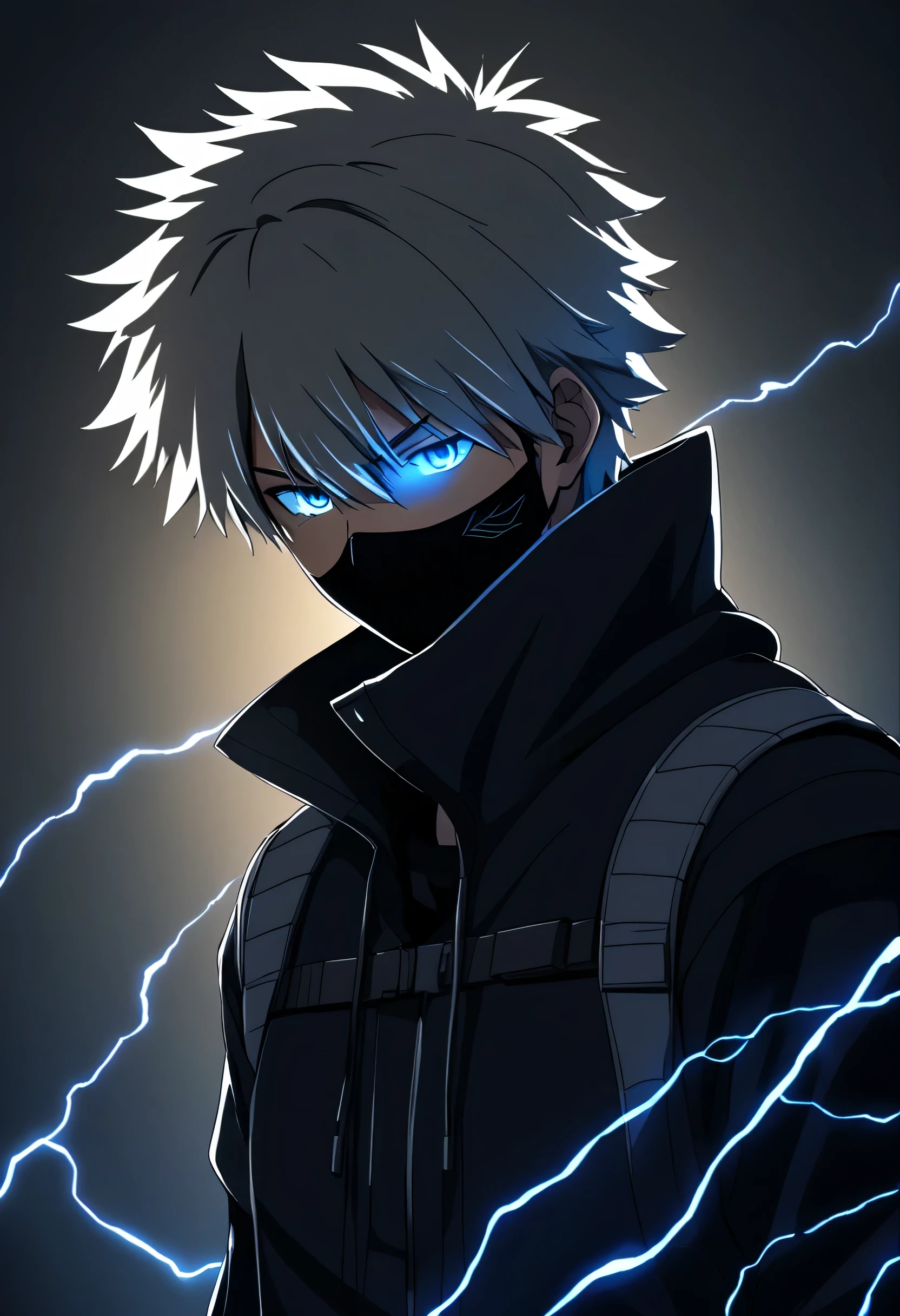 homem de anime Kakashi com um comportamento sombrio e taciturno, com olhos vermelhos brilhantes e um sorriso malicioso, hack a powerful computer system with visible electrical currents flowing through your body, enquanto sombras sinistras o cercam, (sinistro:1.2), (escuro, moody lighting), (atmosfera sinistra), (Contrast between Light and escuro)