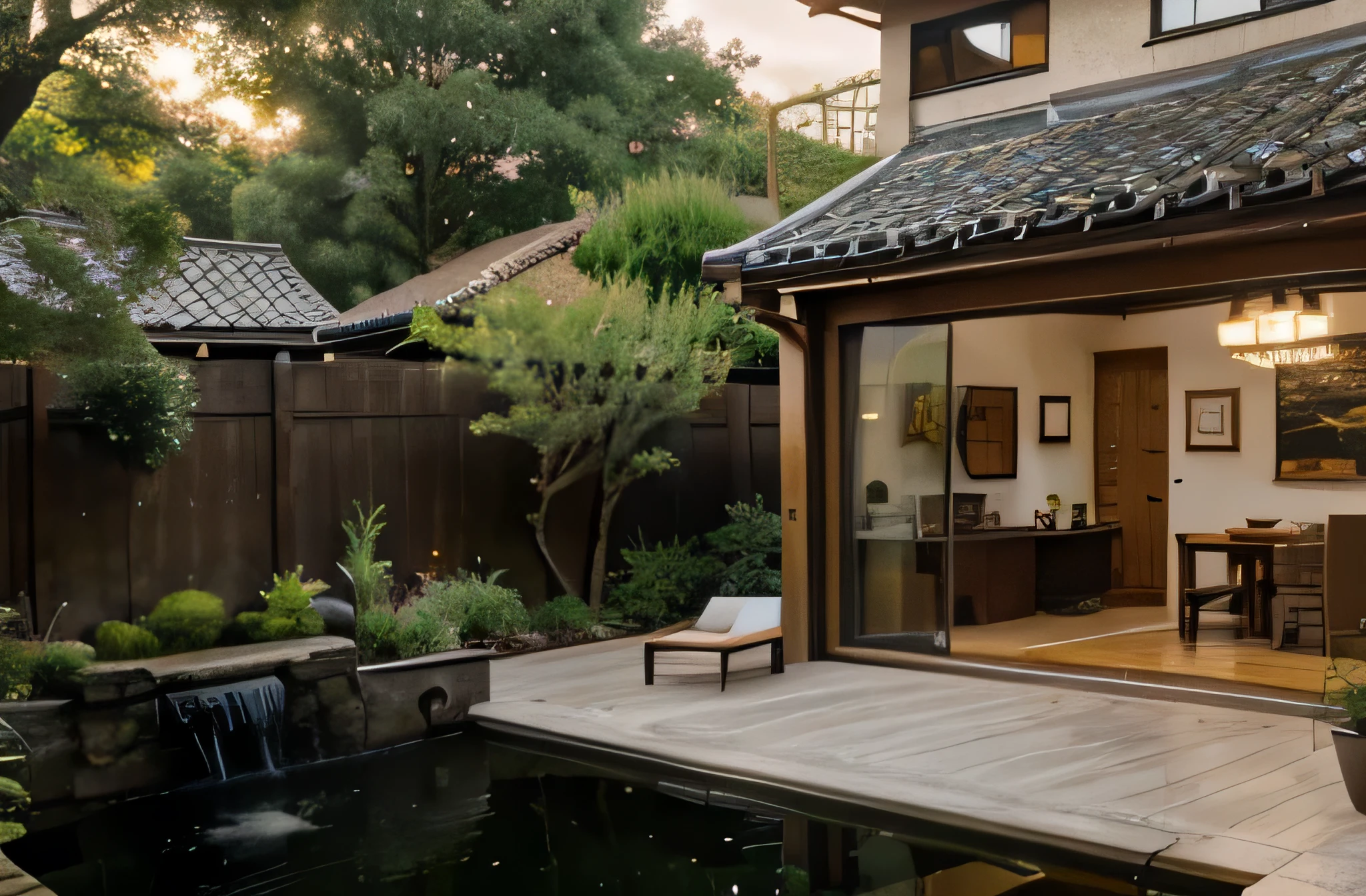fish pond, large fish size, lots of koi fish, clear water, waterfall, clean and natural appearance of the modern house, from the composition of neat geometric cube shapes combined with materials and the application of 'earth tones', namely natural colors, European houses are designed to be relaxed and friendly towards surrounding environment, mixed night light, bonsai, high quality, cinematic photography, koi's fish in the pond, pond light