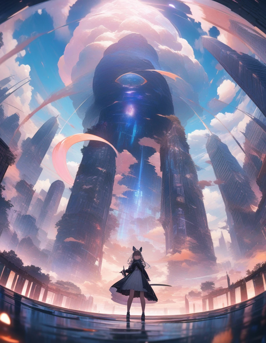 1girl, Ultra Wide Angle, aesthetic, extremely detailed, very aesthetic, absurdres, (best quality,4k,8k,highres,masterpiece:1.2),ultra-detailed,ultra wide angle,lens distortion,vivid colors,contrast,bokeh,low angle view,dramatic,grandiose,architectural beauty,expansive space,sweeping panoramic view,dynamic lines,imposing structures,cityscape,skyline,wide open sky,cloud formations,light and shadow play,emergent skyscrapers,modern urban architecture,spectacular visual impact,immersive experience,heroic scale