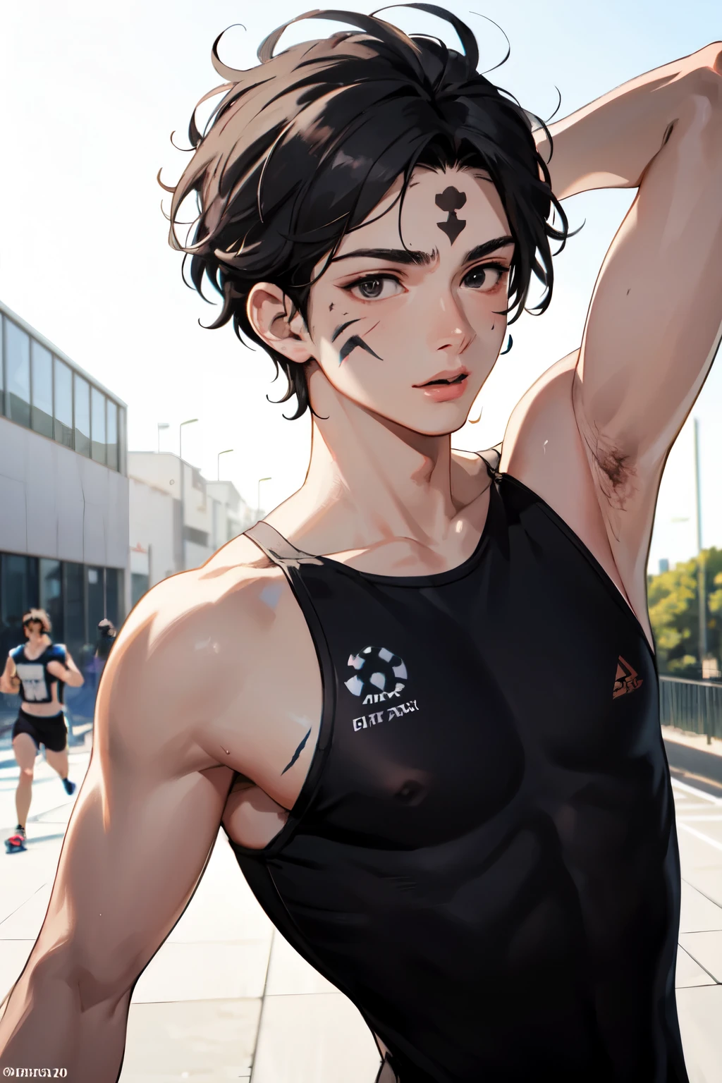 ((Melhor qualidade)), ((obra de arte)), (detalhado), perfect face, 20-year-old man with short black hair, black eyes and a burn mark on his right arm, starting with his hand and running through a large part of his arm